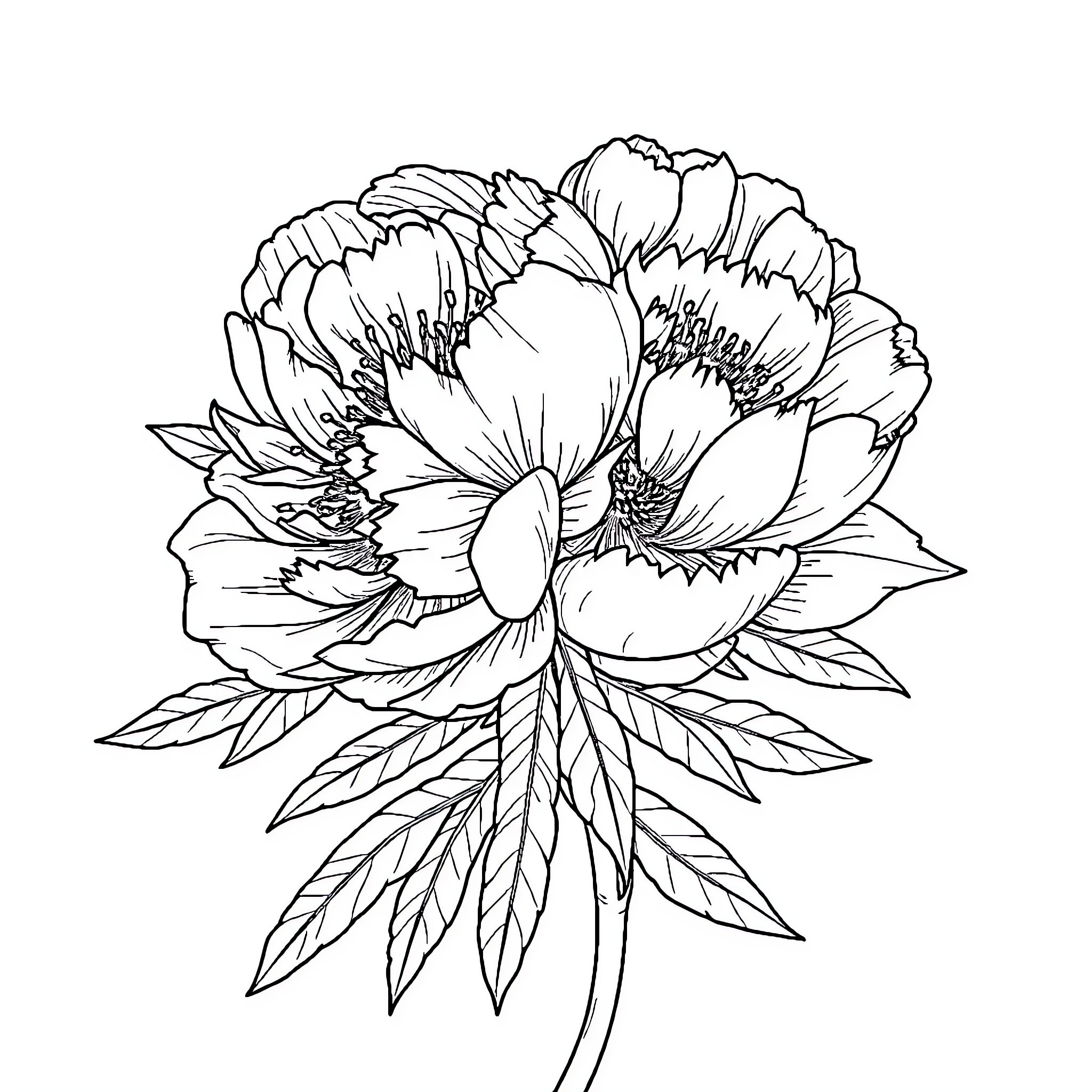 Peony flower with detailed petals and leaves Coloring Page (free black-and-white line drawing printable PDF for all, from beginners to advanced learners, including children, teens, adults, and seniors)