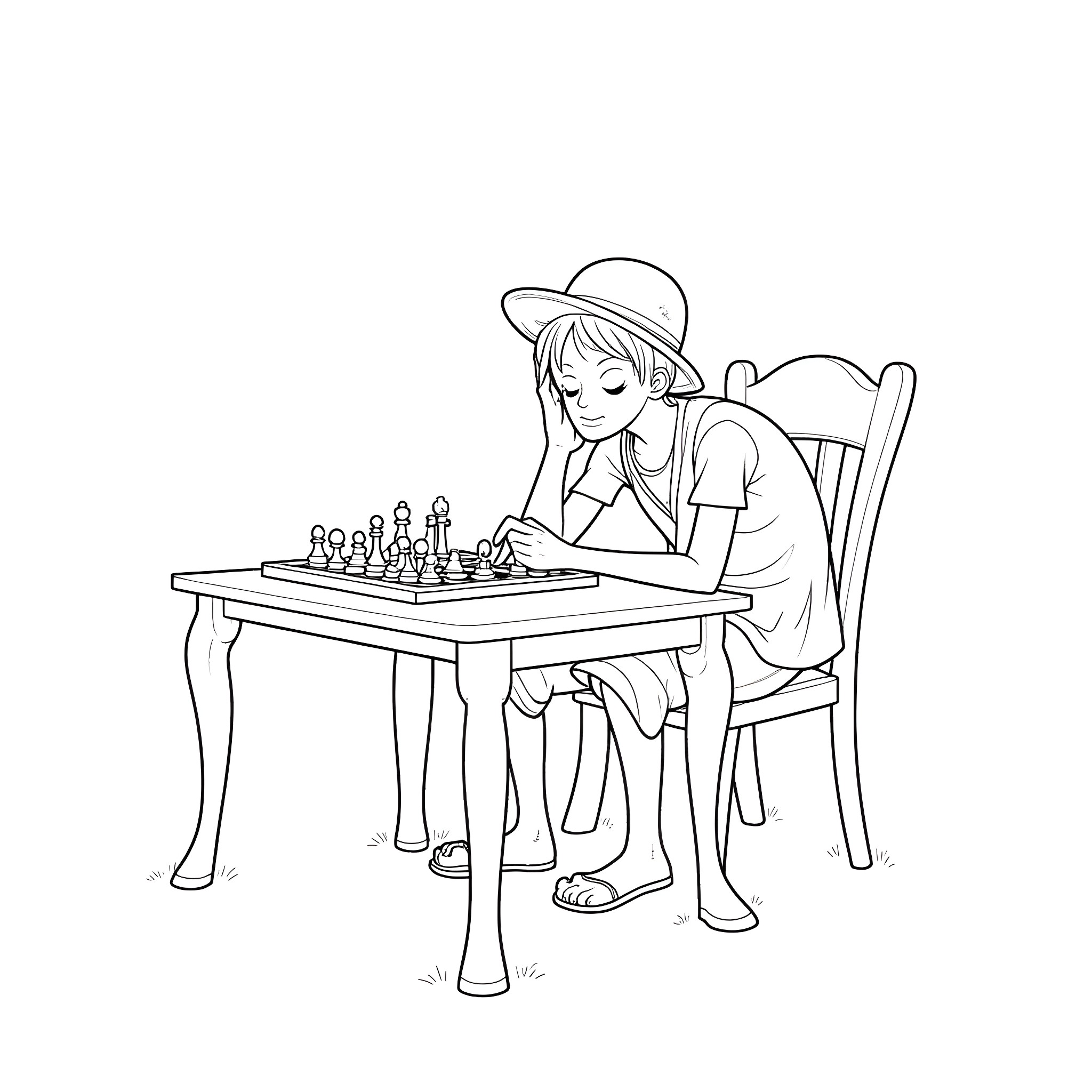 Monkey D Luffy playing chess intensely Coloring Page (free black-and-white line drawing printable PDF for all, from beginners to advanced learners, including children, teens, adults, and seniors)