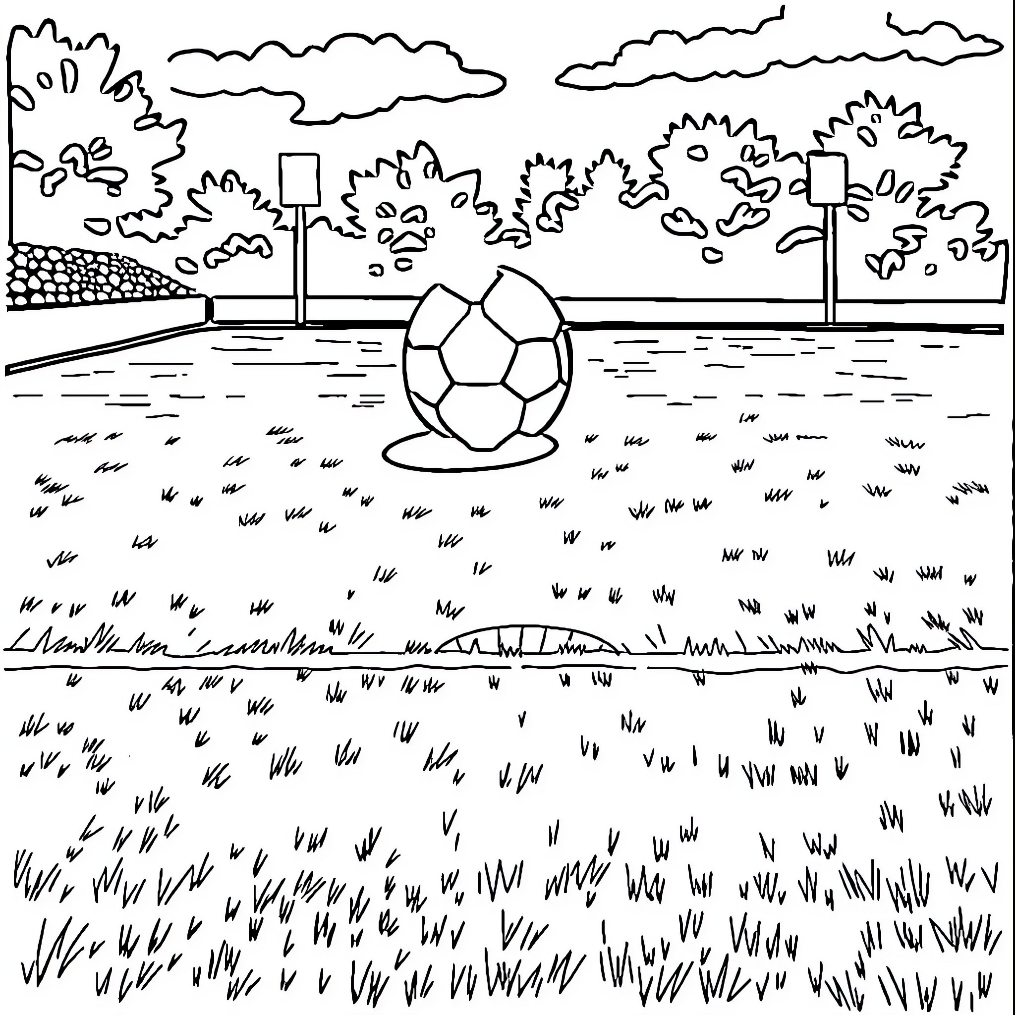 Football field with soccer ball and trees Coloring Page (free black-and-white line drawing printable PDF for all, from beginners to advanced learners, including children, teens, adults, and seniors)