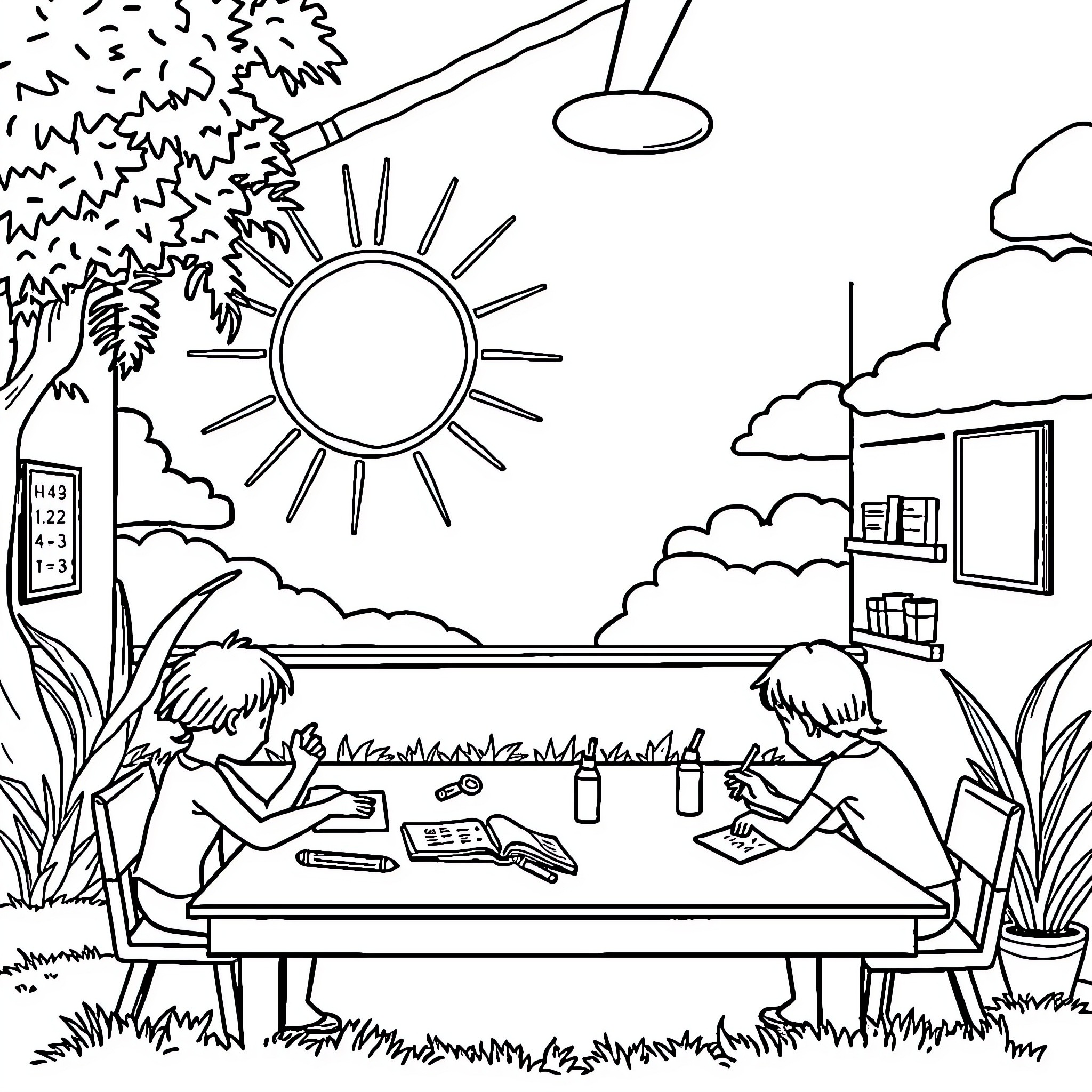 Math Lessons under the Sunny Skies Coloring Page (free black-and-white line drawing printable PDF for all, from beginners to advanced learners, including children, teens, adults, and seniors)
