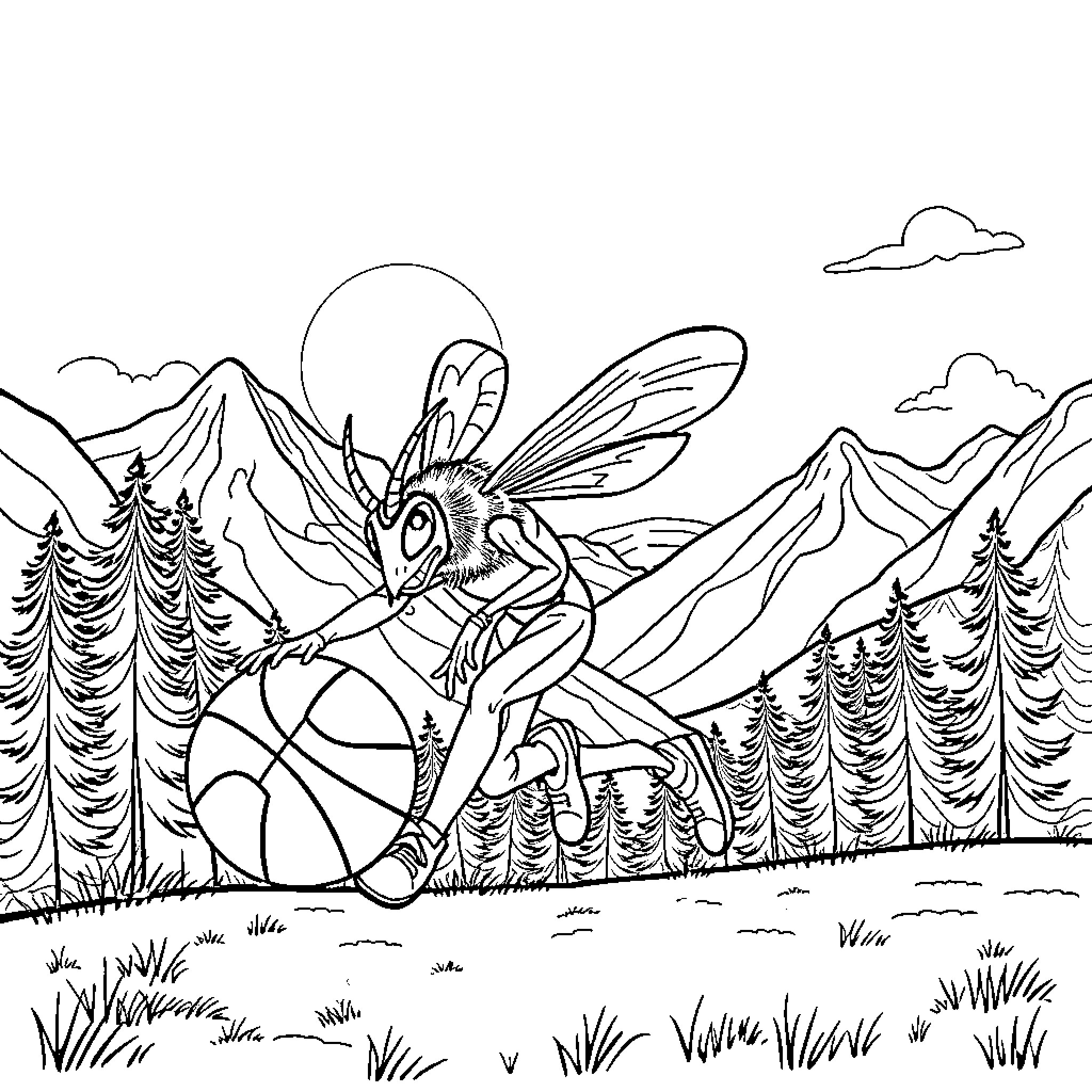 Hornet exploring a mountainous landscape Coloring Page (free black-and-white line drawing printable PDF for all, from beginners to advanced learners, including children, teens, adults, and seniors)