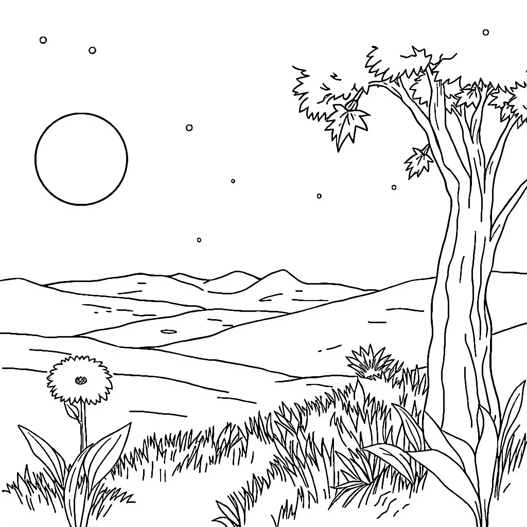 Ninja Turtle enjoying nature's tranquil landscape Coloring Page (free black-and-white line drawing printable PDF for all, from beginners to advanced learners, including children, teens, adults, and seniors)