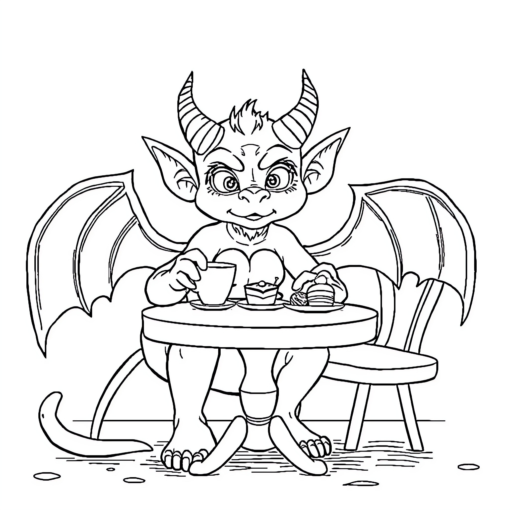 Demon Creature Enjoying Tea and Treats Coloring Page (free black-and-white line drawing printable PDF for all, from beginners to advanced learners, including children, teens, adults, and seniors)