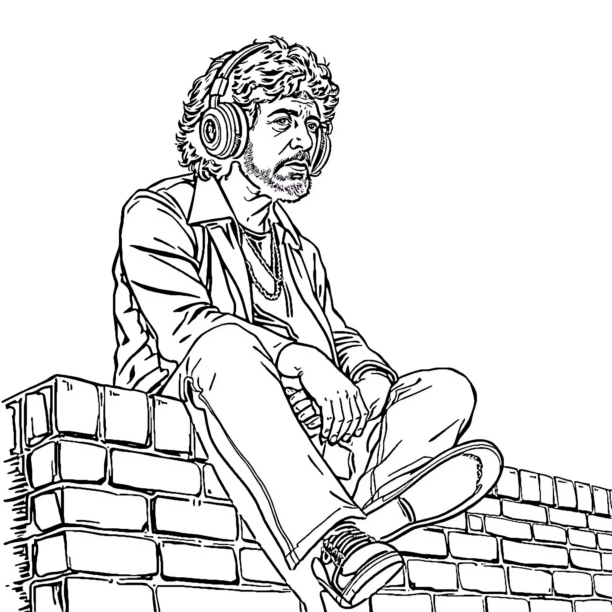 Phil Spector sitting pensively on a wall Coloring Page (free black-and-white line drawing printable PDF for all, from beginners to advanced learners, including children, teens, adults, and seniors)