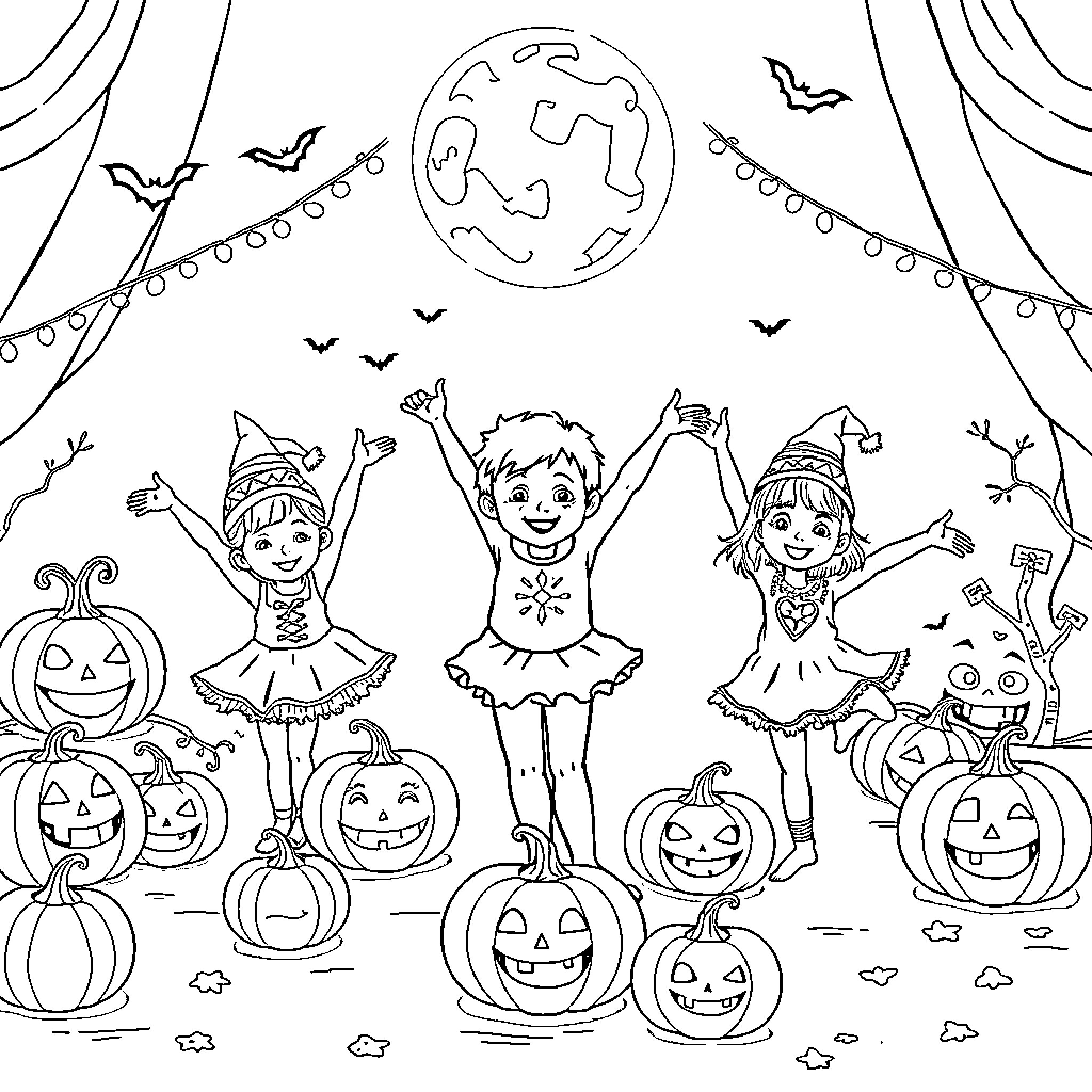 Kids celebrating Halloween with costumes and pumpkins Coloring Page (free black-and-white line drawing printable PDF for all, from beginners to advanced learners, including children, teens, adults, and seniors)