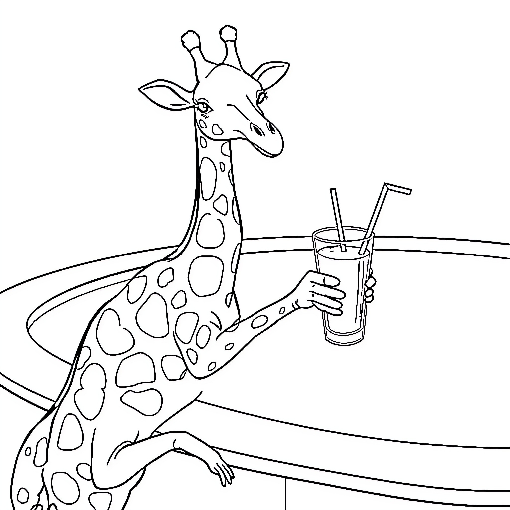 Giraffe enjoying a refreshing drink Coloring Page (free black-and-white line drawing printable PDF for all, from beginners to advanced learners, including children, teens, adults, and seniors)