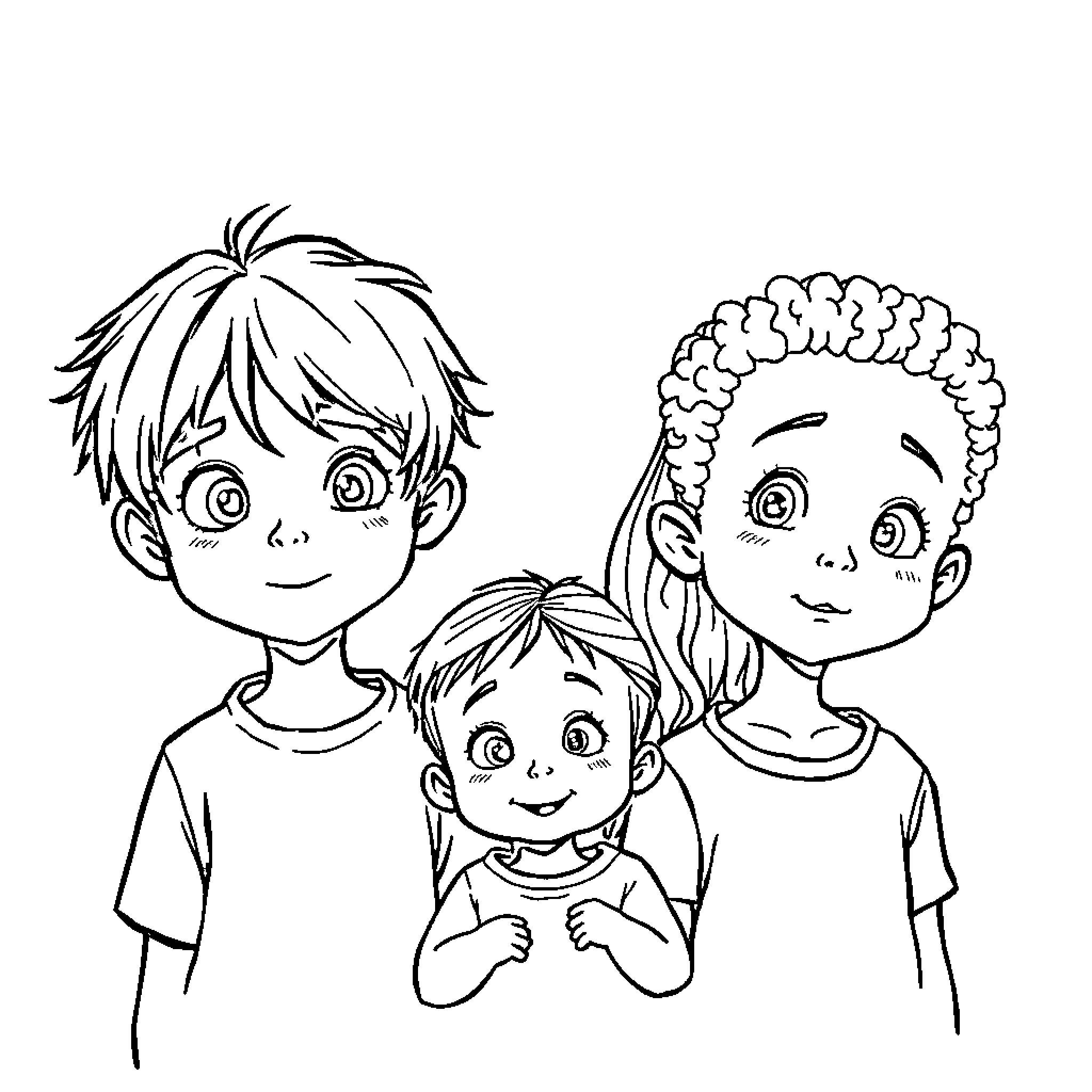 Enfant - Three playful children Coloring Page (free black-and-white line drawing printable PDF for all, from beginners to advanced learners, including children, teens, adults, and seniors)