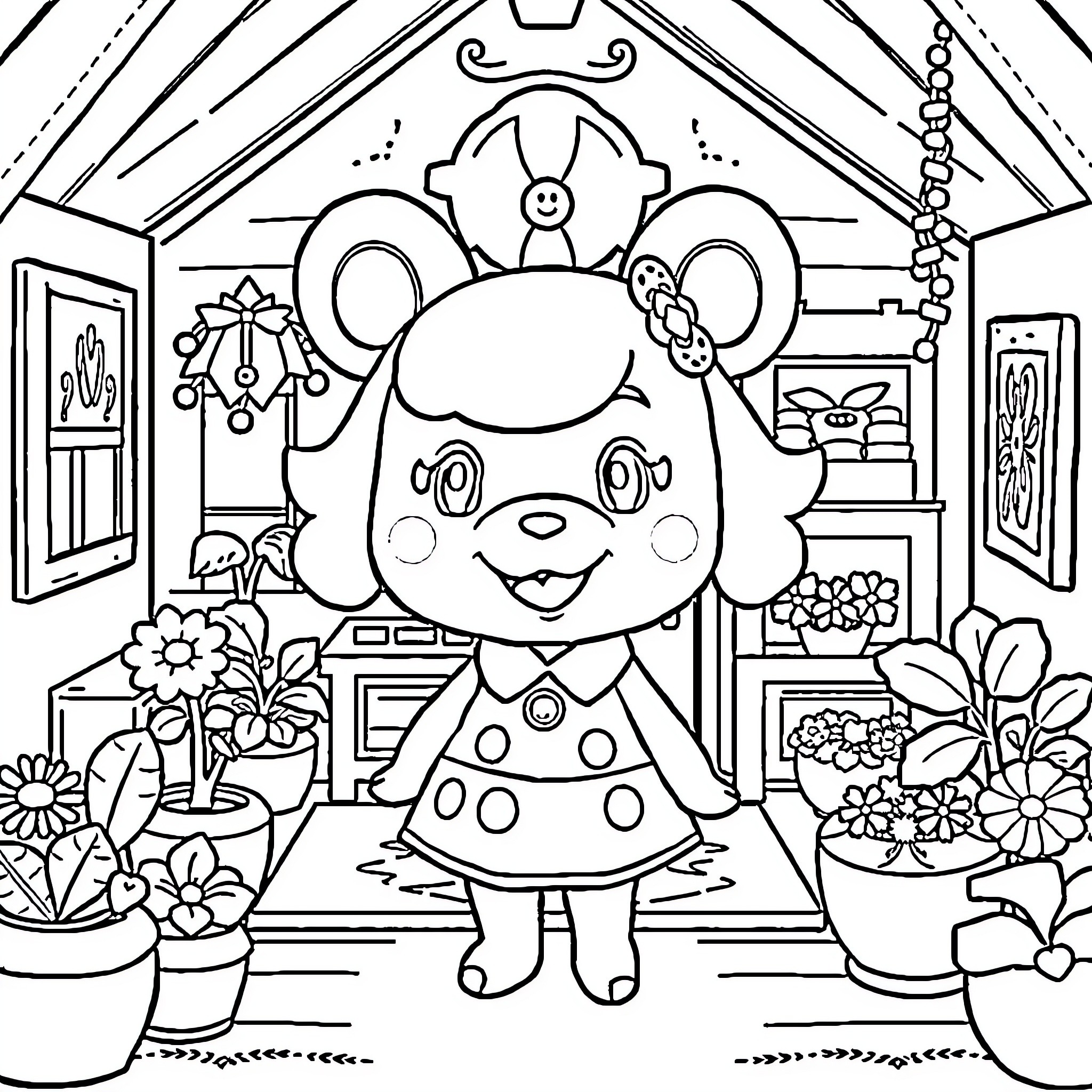 Gabby's Whimsical Garden Adventure Coloring Page (free black-and-white line drawing printable PDF for all, from beginners to advanced learners, including children, teens, adults, and seniors)
