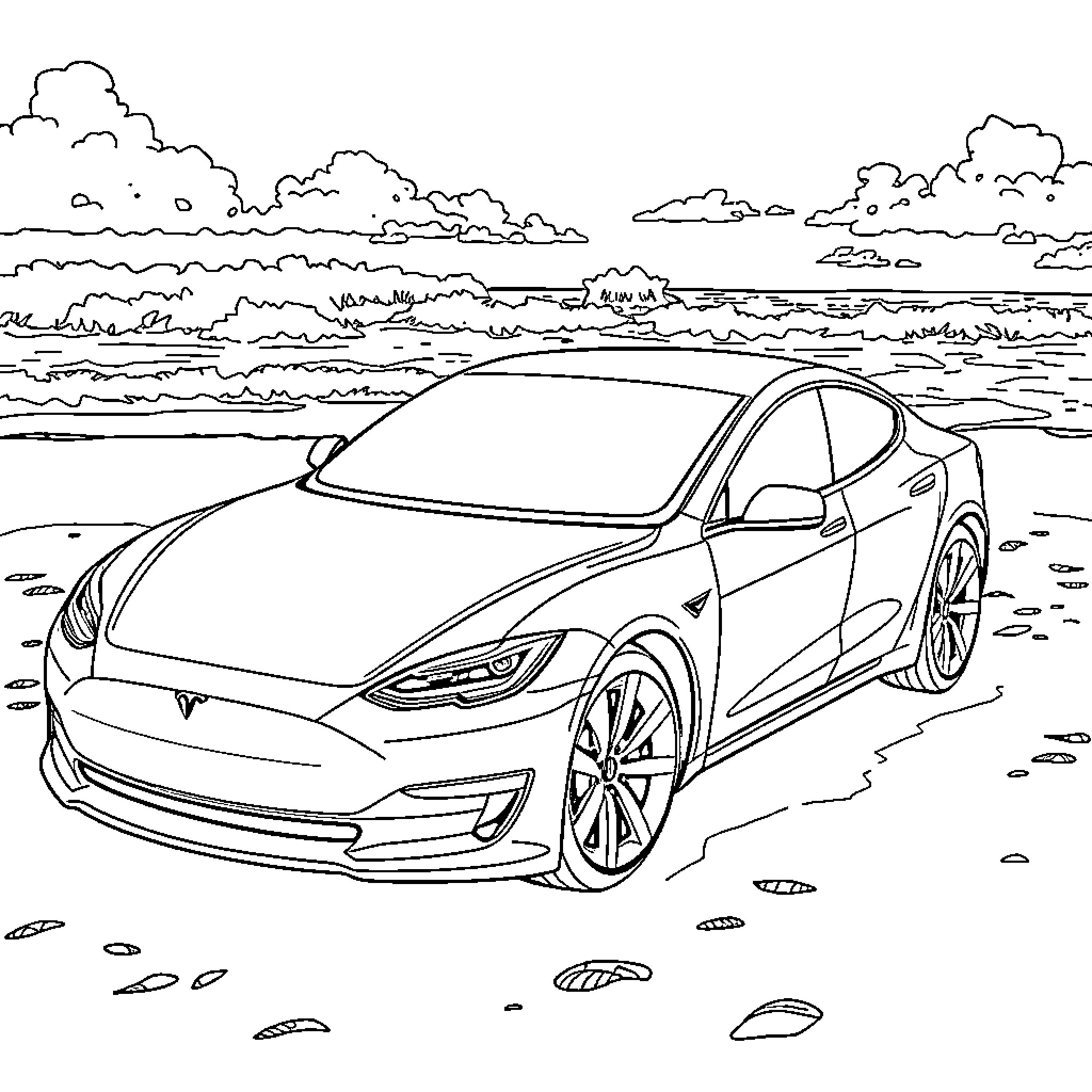 Tesla electric vehicle parked on the beach Coloring Page (free black-and-white line drawing printable PDF for all, from beginners to advanced learners, including children, teens, adults, and seniors)