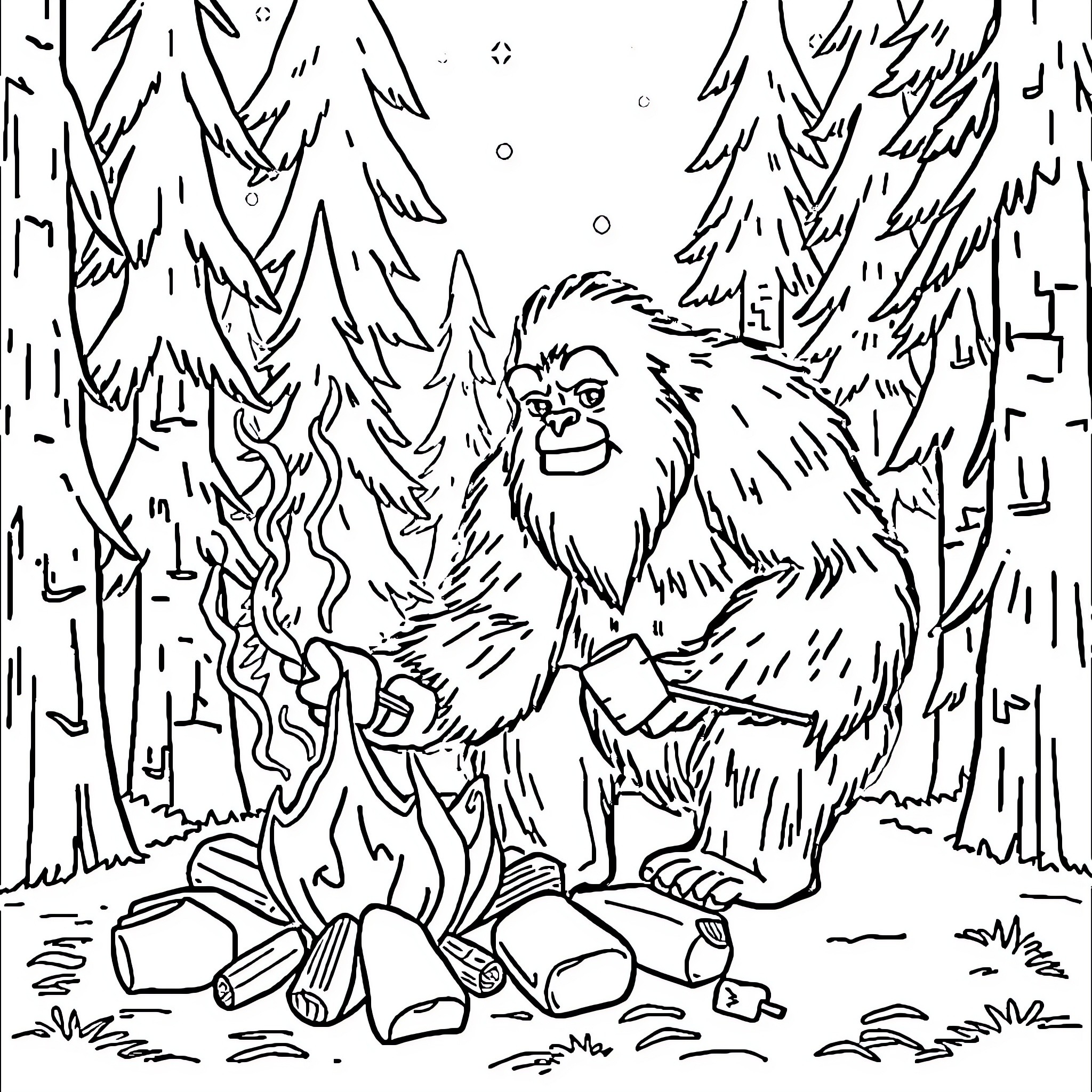 Bigfoot camping in the forest Coloring Page (free black-and-white line drawing printable PDF for all, from beginners to advanced learners, including children, teens, adults, and seniors)