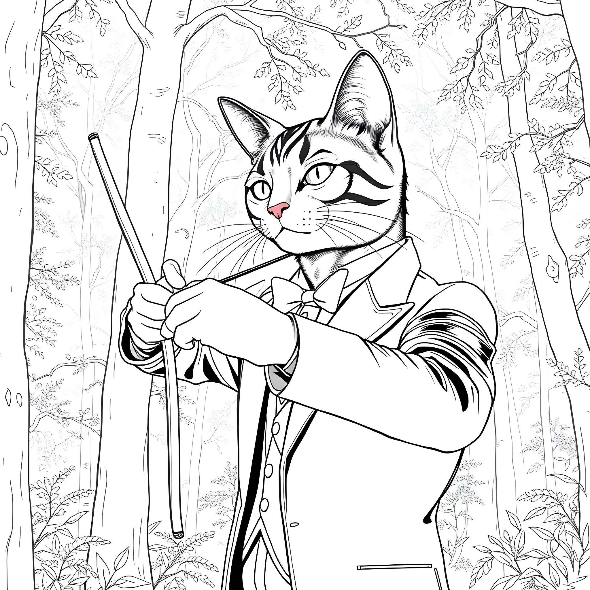 Cat in Formal Attire Holding Cane in Forest Coloring Page (free black-and-white line drawing printable PDF for all, from beginners to advanced learners, including children, teens, adults, and seniors)