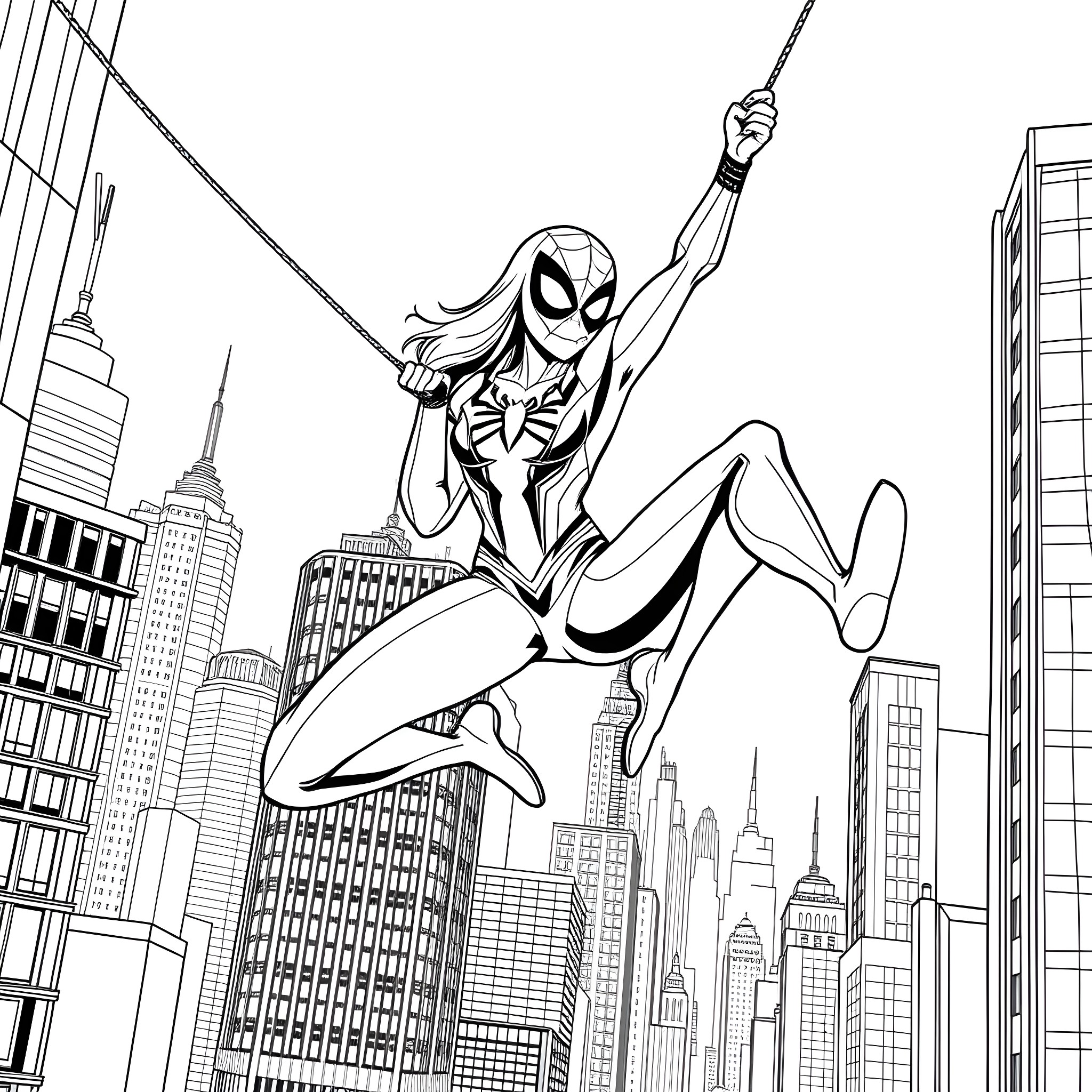 Spider Woman swinging gracefully through the city skyline Coloring Page (free black-and-white line drawing printable PDF for all, from beginners to advanced learners, including children, teens, adults, and seniors)