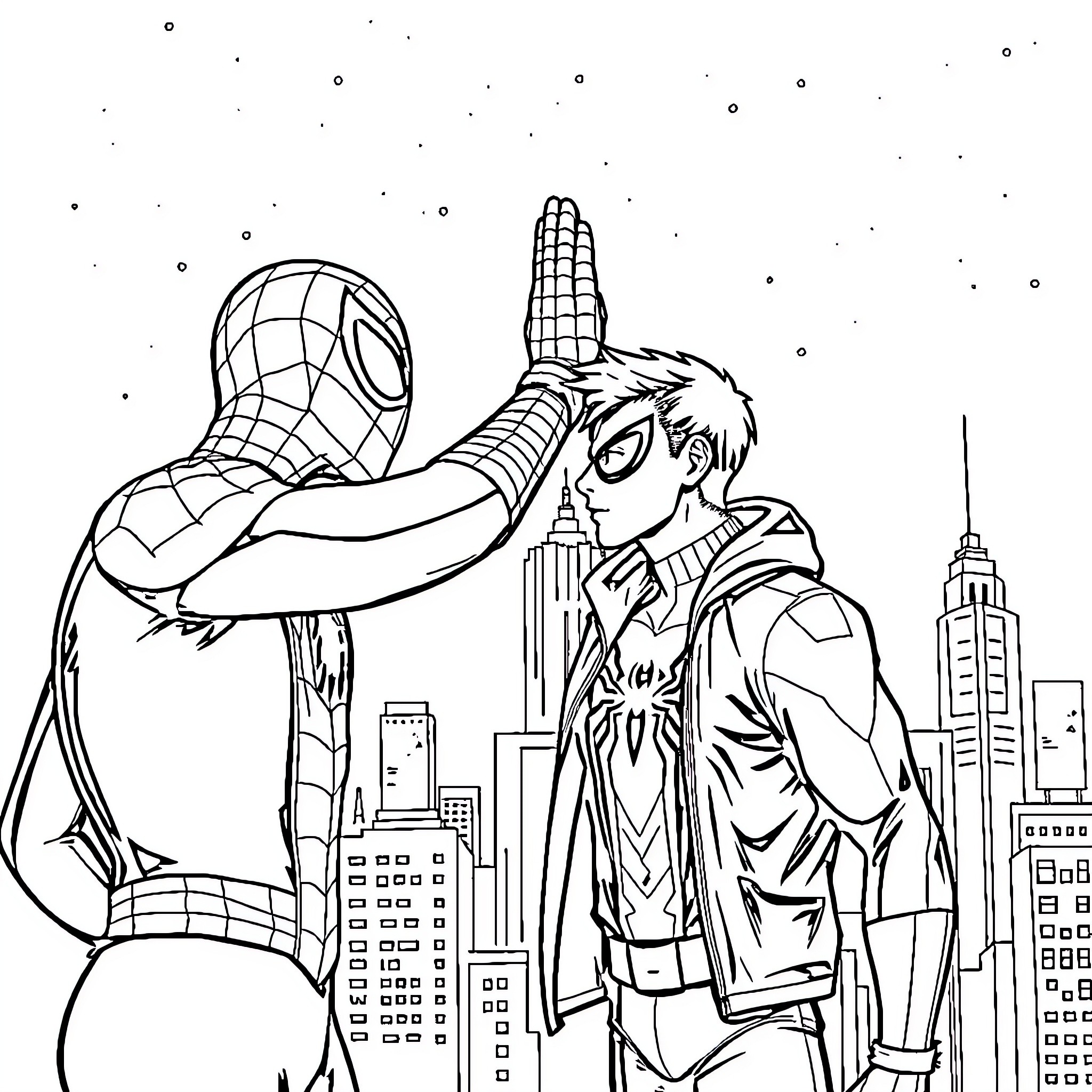 Spiderman comforting a distraught young man in the city Coloring Page (free black-and-white line drawing printable PDF for all, from beginners to advanced learners, including children, teens, adults, and seniors)