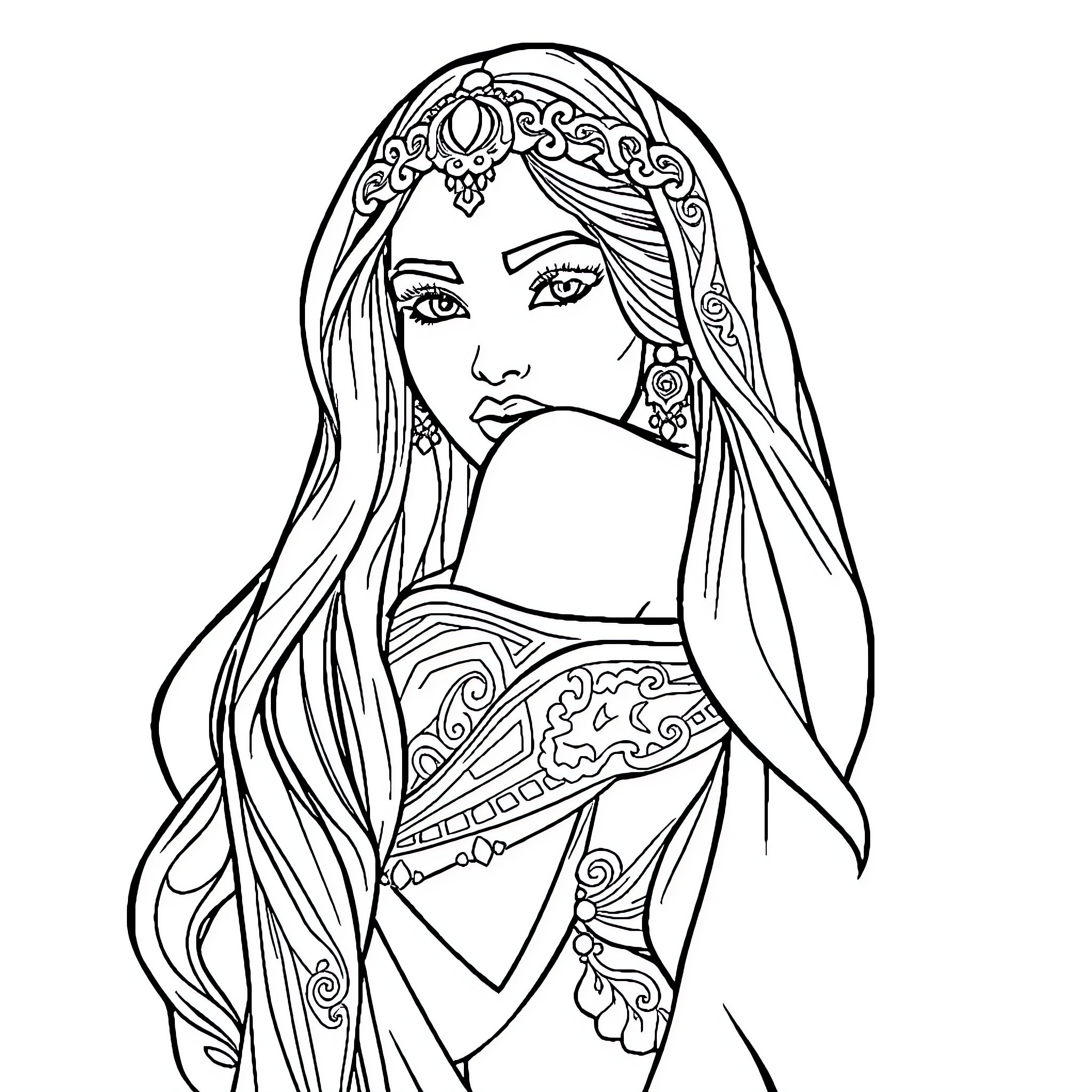 Arab Woman with Ornate Headdress and Long Hair Coloring Page (free black-and-white line drawing printable PDF for all, from beginners to advanced learners, including children, teens, adults, and seniors)