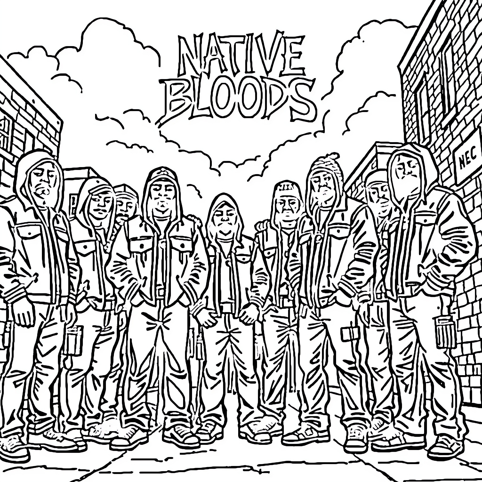 Blood-soaked Rebellion: Native Bloods Unite Coloring Page (free black-and-white line drawing printable PDF for all, from beginners to advanced learners, including children, teens, adults, and seniors)