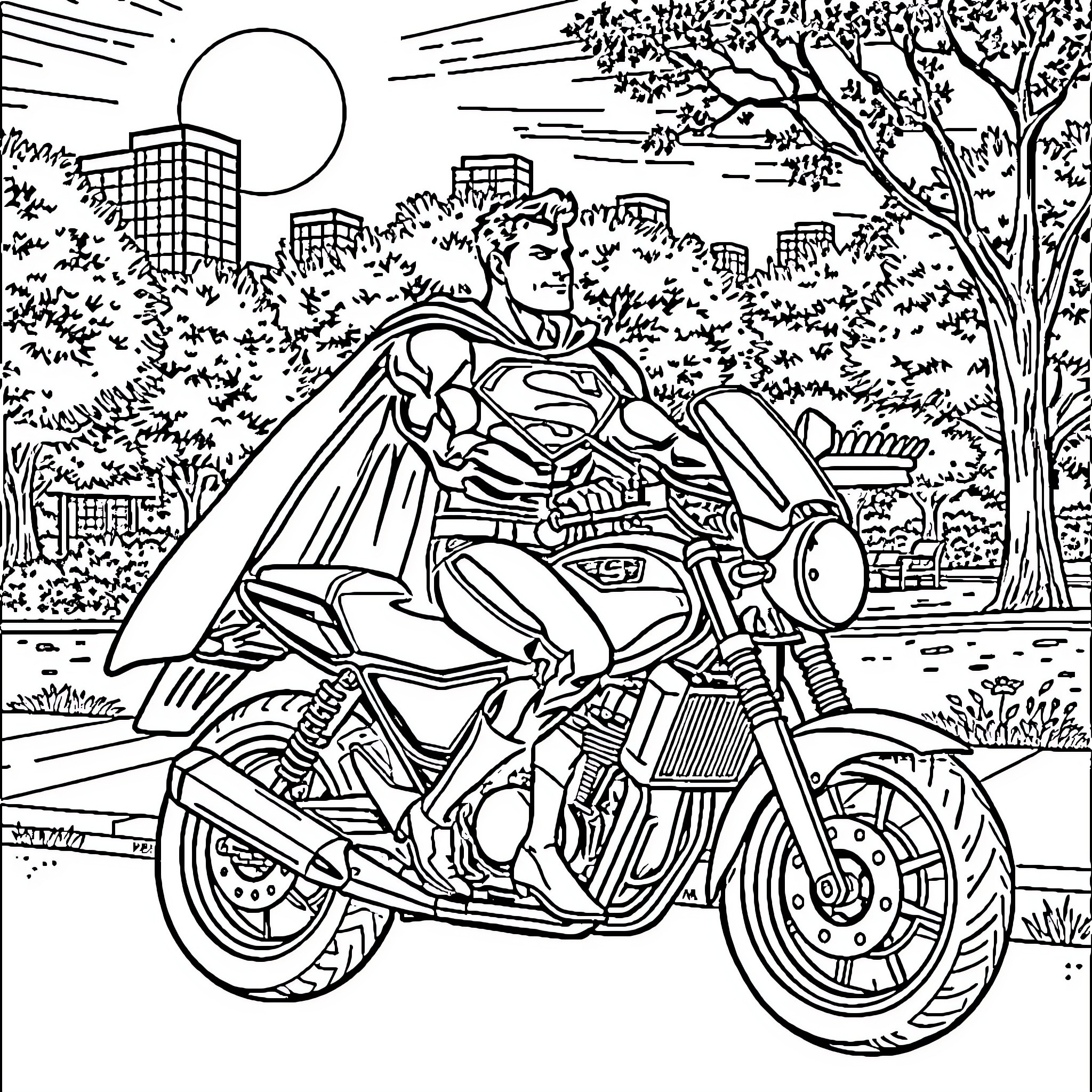 Superman riding a motorcycle in the city Coloring Page (free black-and-white line drawing printable PDF for all, from beginners to advanced learners, including children, teens, adults, and seniors)