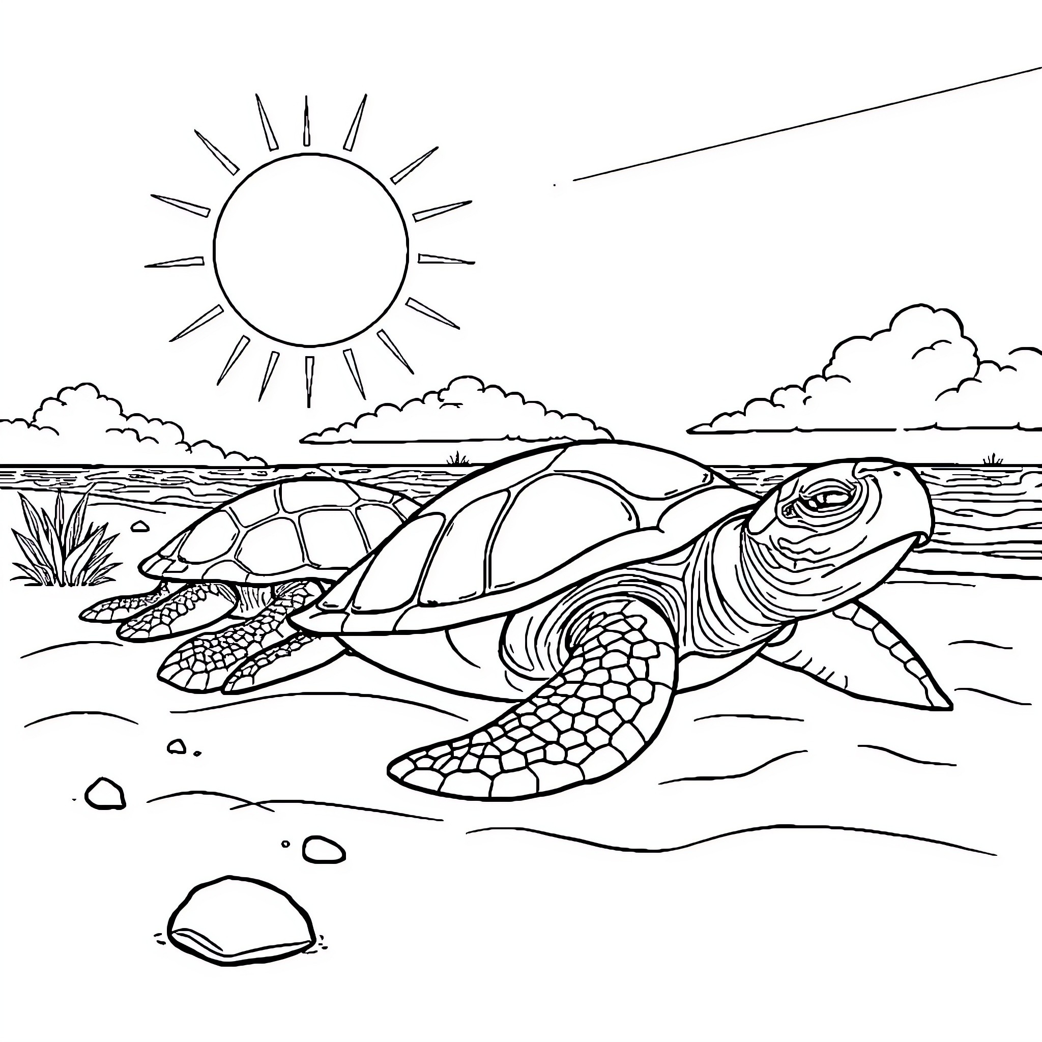 Turtle swimming in the ocean under the sun Coloring Page (free black-and-white line drawing printable PDF for all, from beginners to advanced learners, including children, teens, adults, and seniors)