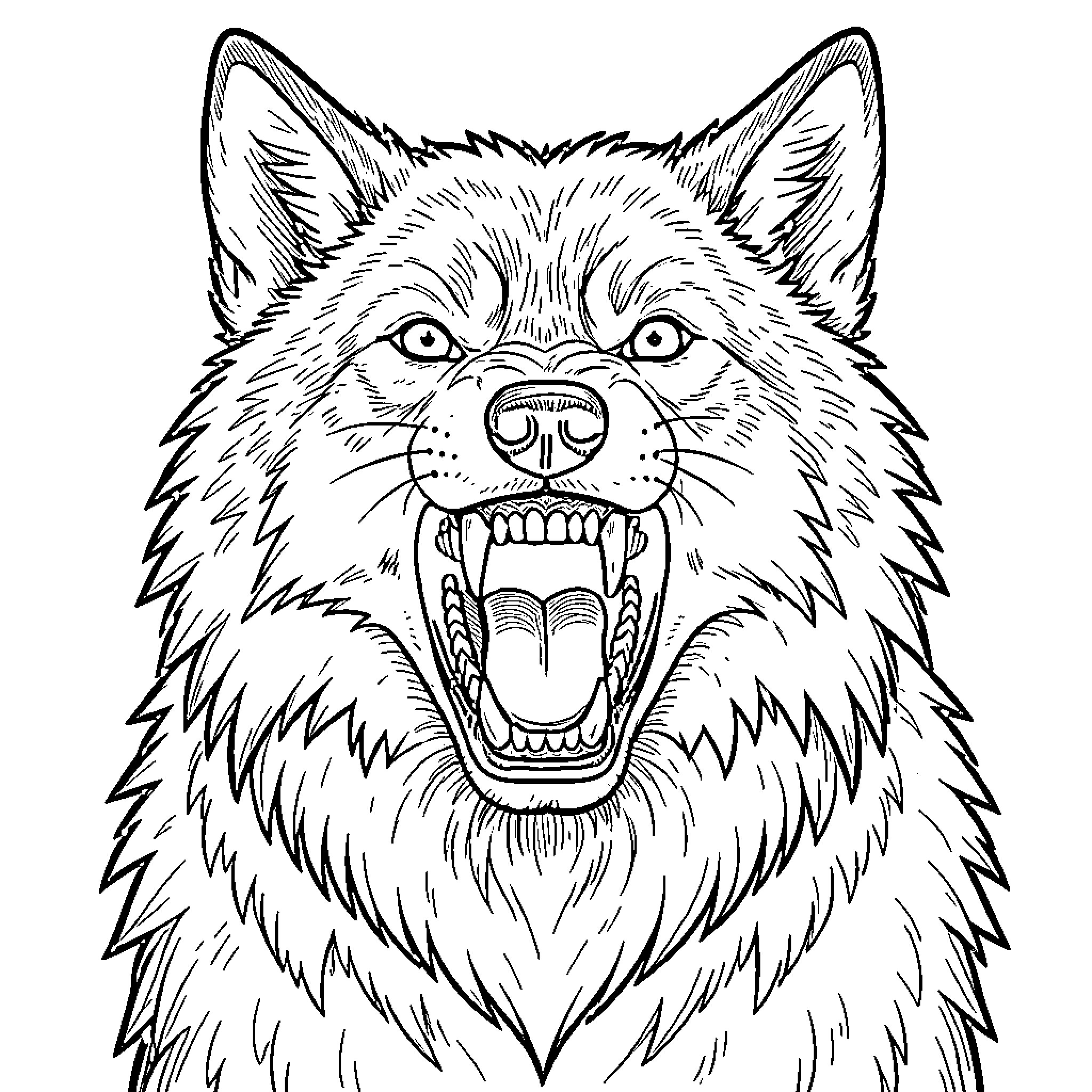 Wolf baring fierce teeth in intense expression Coloring Page (free black-and-white line drawing printable PDF for all, from beginners to advanced learners, including children, teens, adults, and seniors)