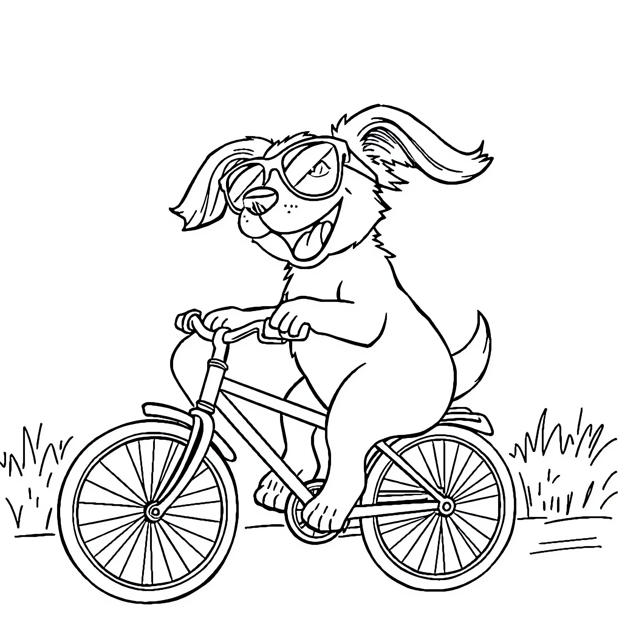 Dog riding a bicycle in the park Coloring Page (free black-and-white line drawing printable PDF for all, from beginners to advanced learners, including children, teens, adults, and seniors)