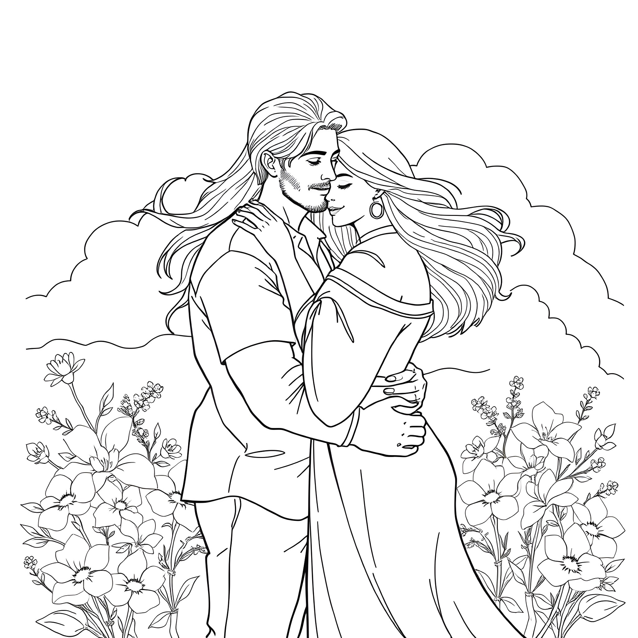 Man embracing woman in romantic scene with flowers Coloring Page (free black-and-white line drawing printable PDF for all, from beginners to advanced learners, including children, teens, adults, and seniors)