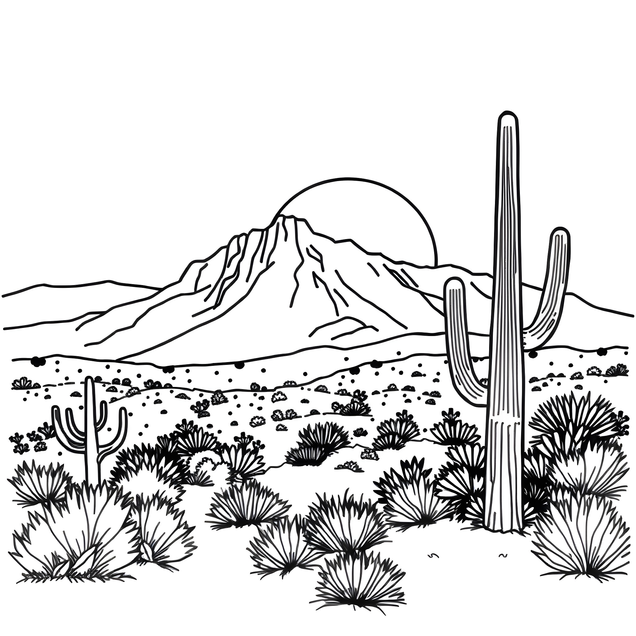Desert Landscape with Cacti and Mountain Coloring Page (free black-and-white line drawing printable PDF for all, from beginners to advanced learners, including children, teens, adults, and seniors)