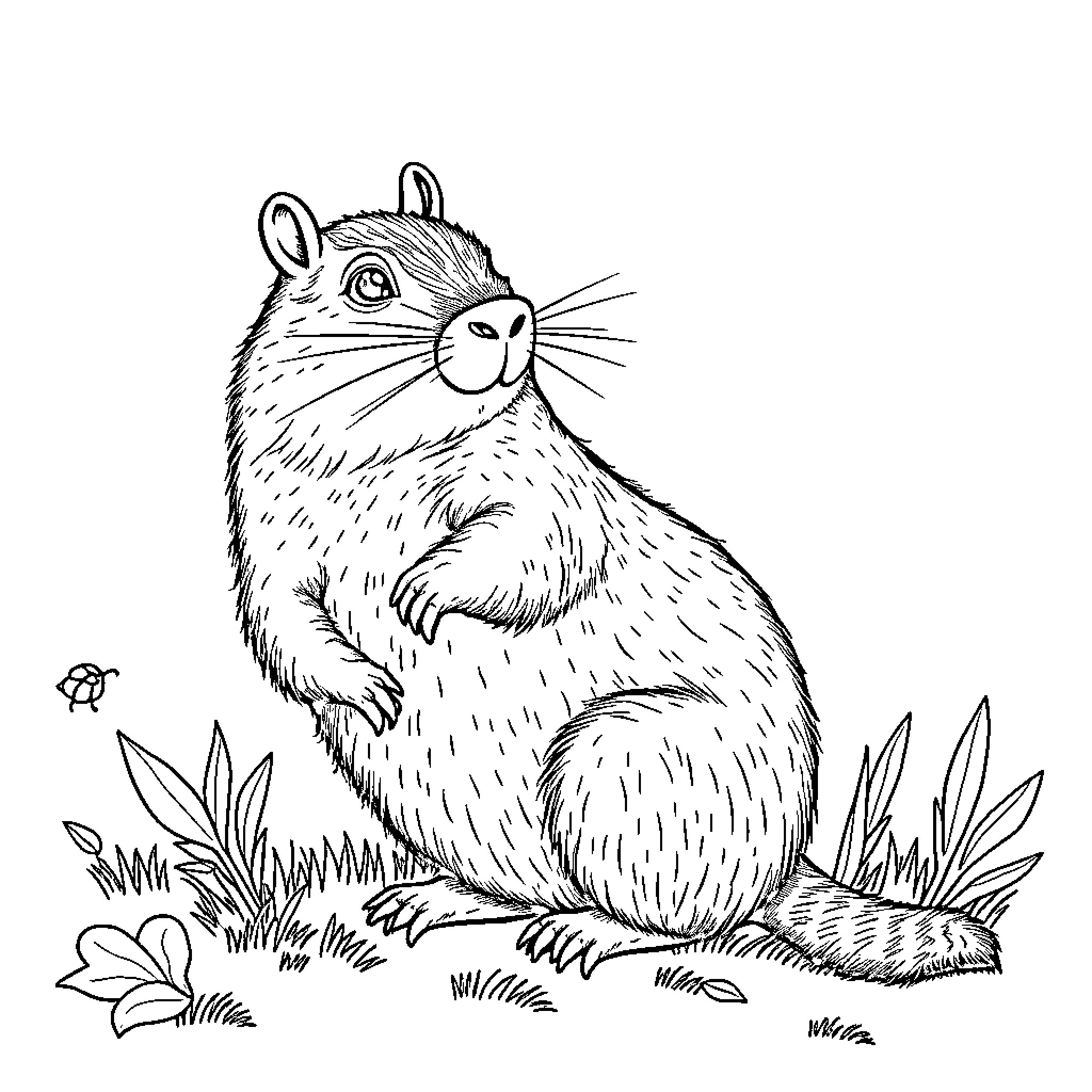 Capybara sitting calmly in the grass Coloring Page (free black-and-white line drawing printable PDF for all, from beginners to advanced learners, including children, teens, adults, and seniors)