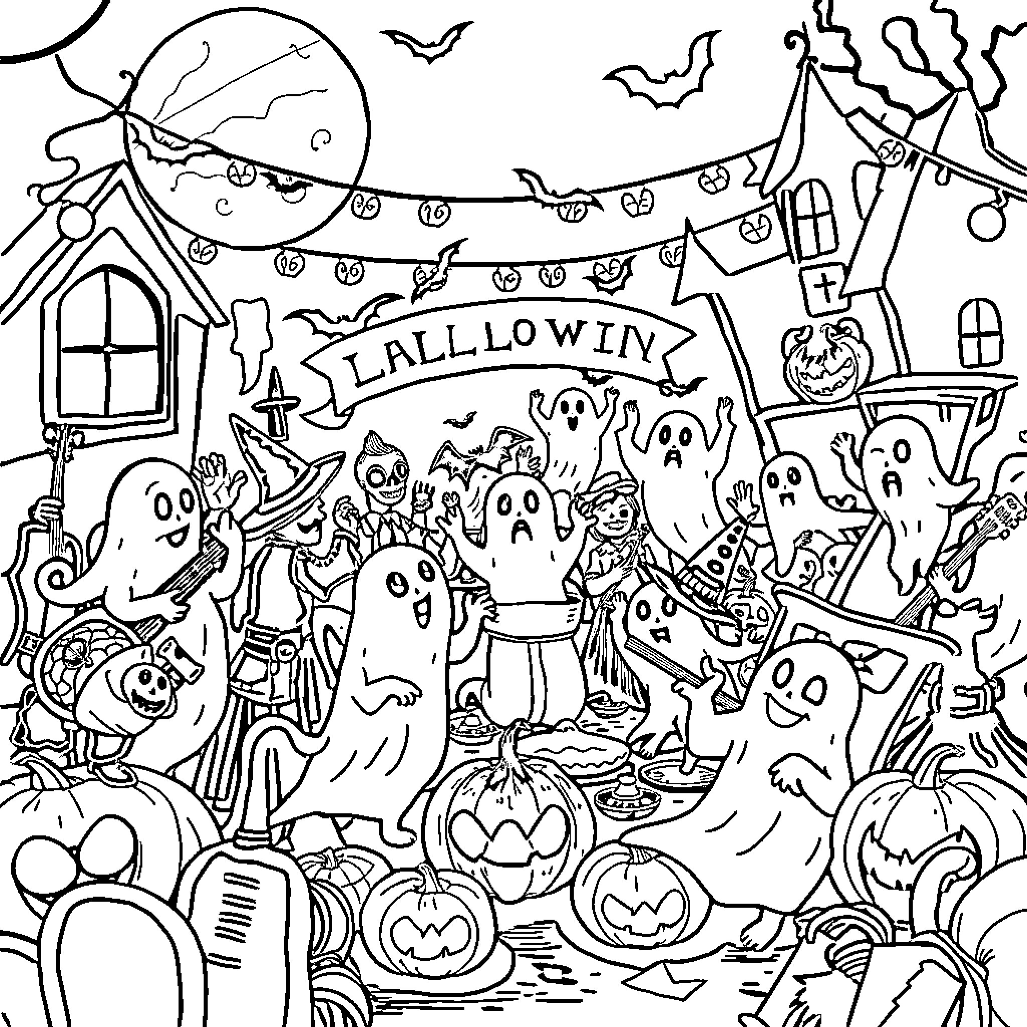 Halloween scene with spooky characters and festive decor Coloring Page (free black-and-white line drawing printable PDF for all, from beginners to advanced learners, including children, teens, adults, and seniors)