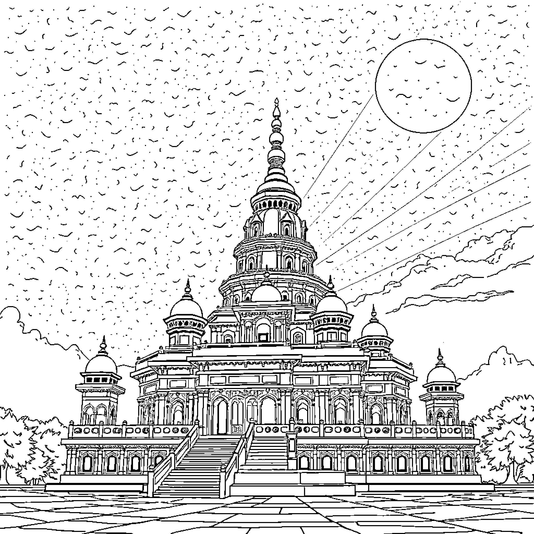 Hwa Mahal: Intricate Architectural Grandeur Coloring Page (free black-and-white line drawing printable PDF for all, from beginners to advanced learners, including children, teens, adults, and seniors)