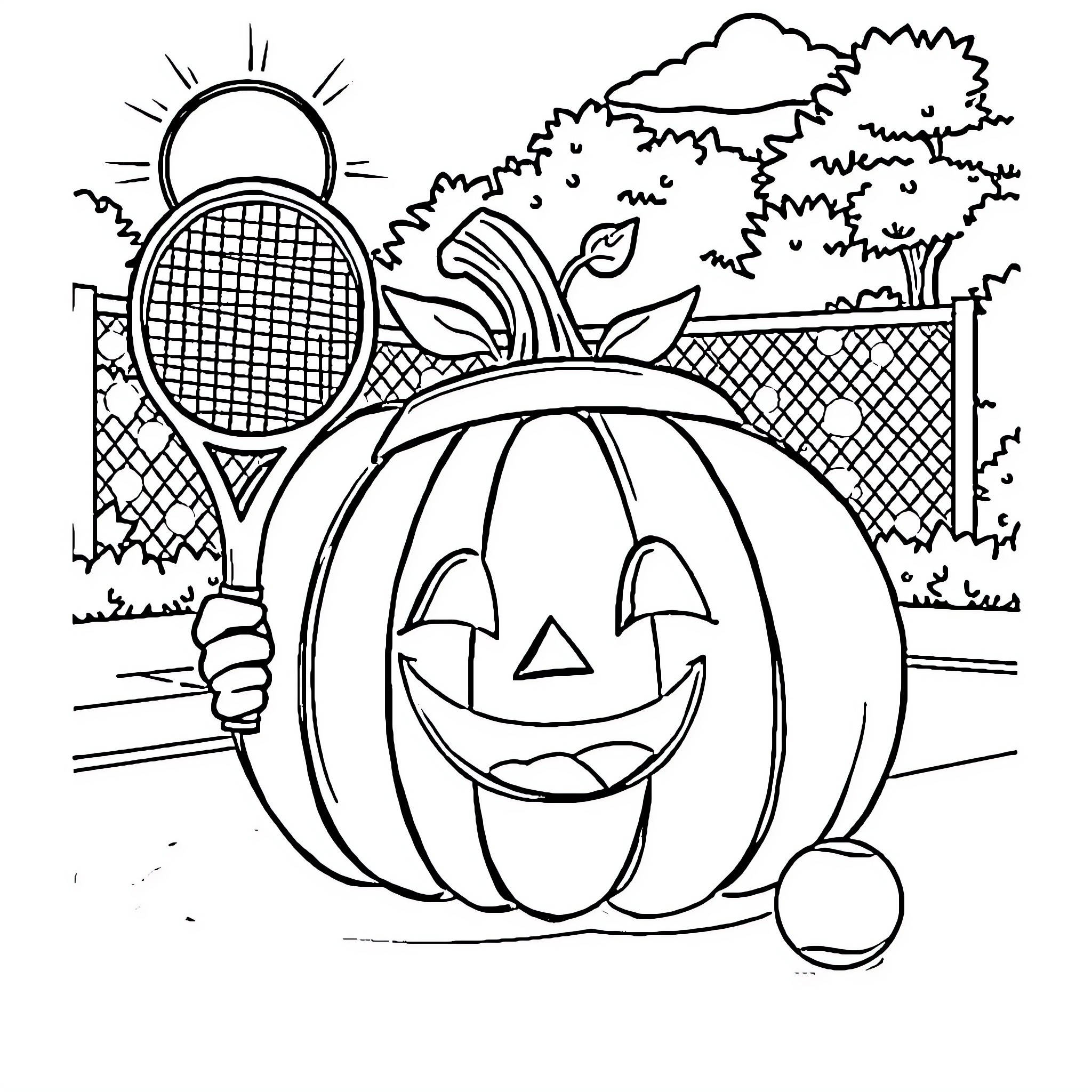 Pumpkin playing tennis in the park Coloring Page (free black-and-white line drawing printable PDF for all, from beginners to advanced learners, including children, teens, adults, and seniors)