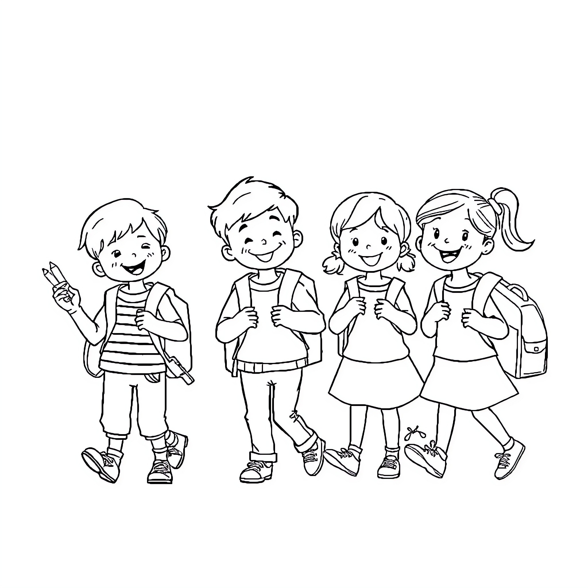 Back to School: Children Ready for a New Adventure Coloring Page (free black-and-white line drawing printable PDF for all, from beginners to advanced learners, including children, teens, adults, and seniors)