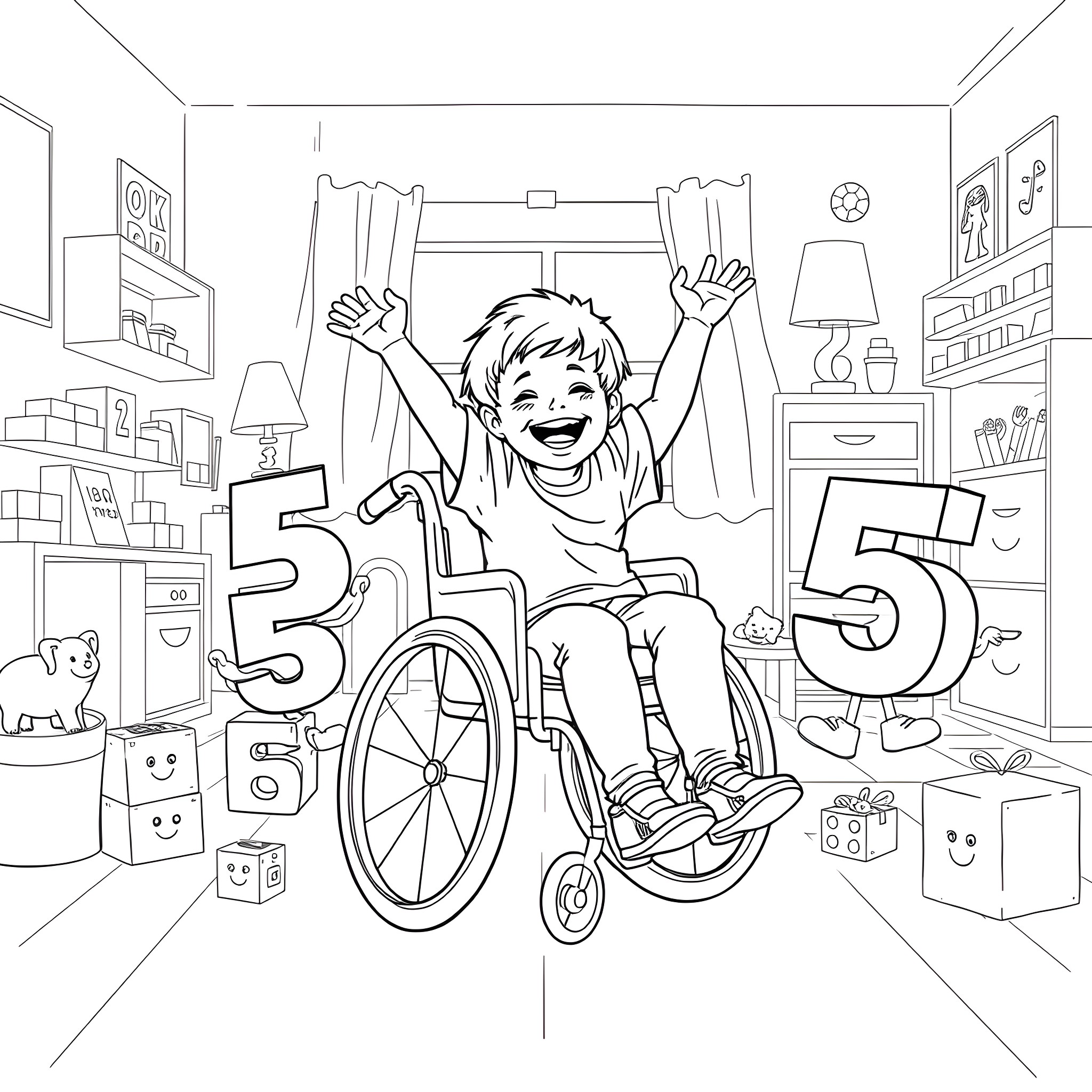 Boy celebrating his 5th birthday in a wheelchair Coloring Page (free black-and-white line drawing printable PDF for all, from beginners to advanced learners, including children, teens, adults, and seniors)