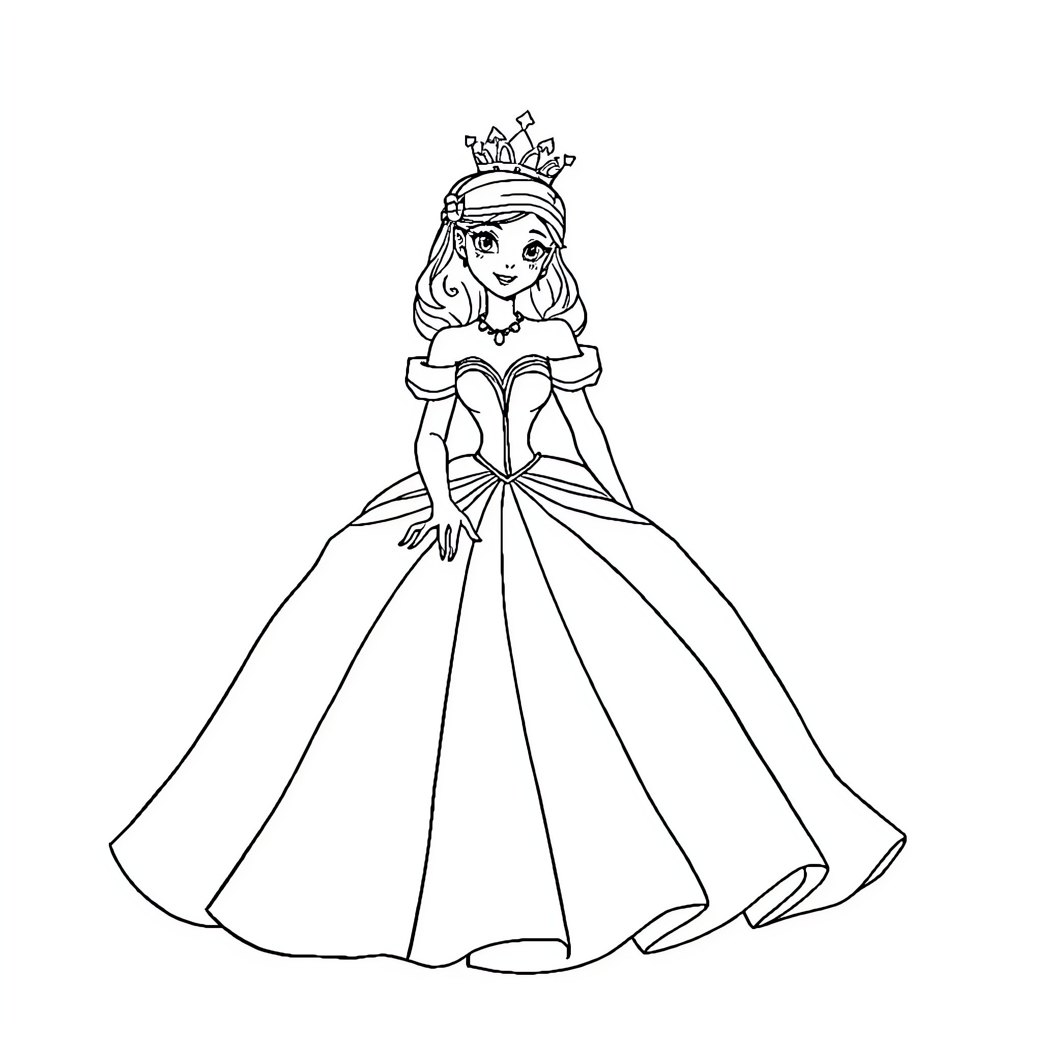 Princess in a Regal Gown with a Crown Coloring Page (free black-and-white line drawing printable PDF for all, from beginners to advanced learners, including children, teens, adults, and seniors)