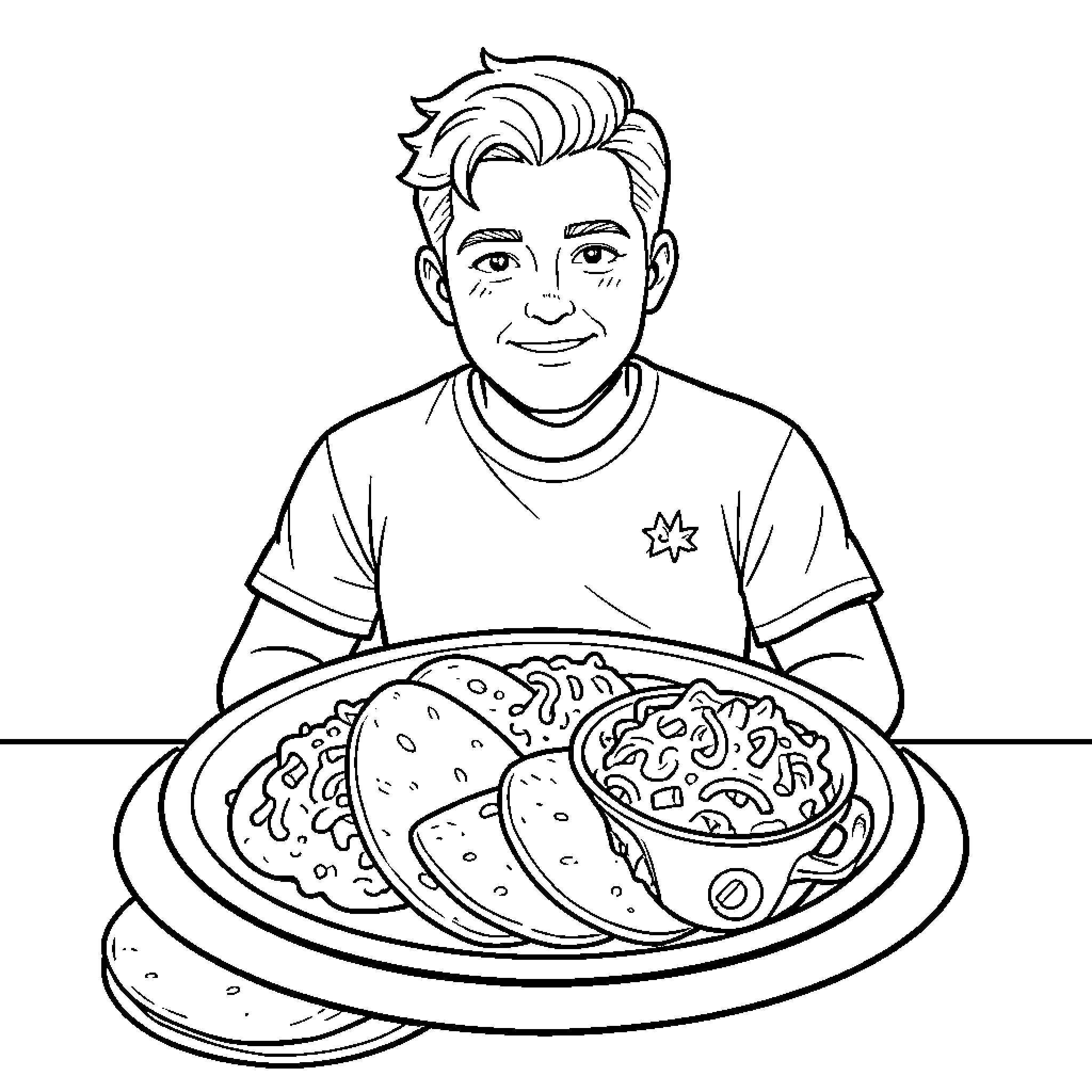 Mate sitting at table with a large meal Coloring Page (free black-and-white line drawing printable PDF for all, from beginners to advanced learners, including children, teens, adults, and seniors)