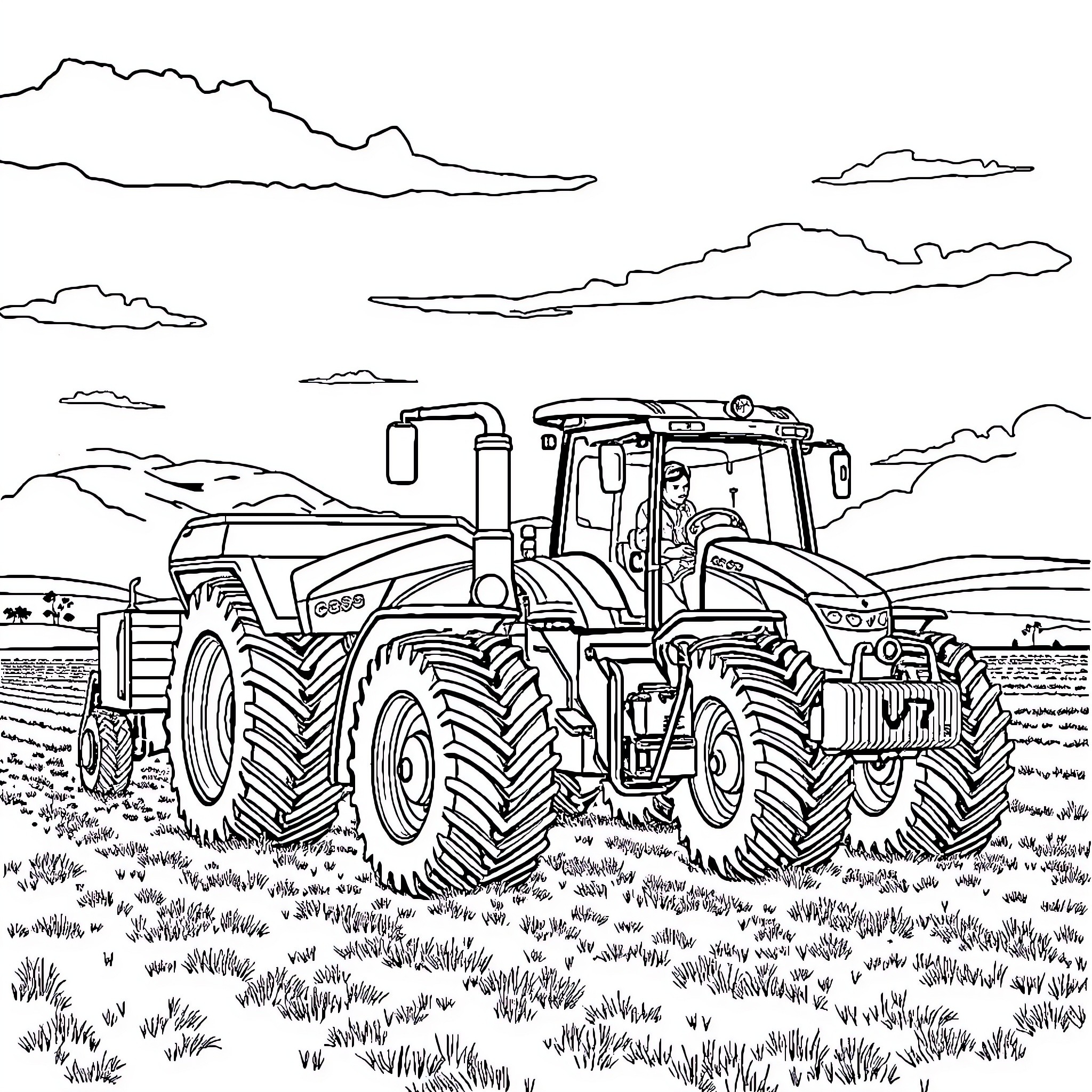 Tractor working in the field under cloudy sky Coloring Page (free black-and-white line drawing printable PDF for all, from beginners to advanced learners, including children, teens, adults, and seniors)