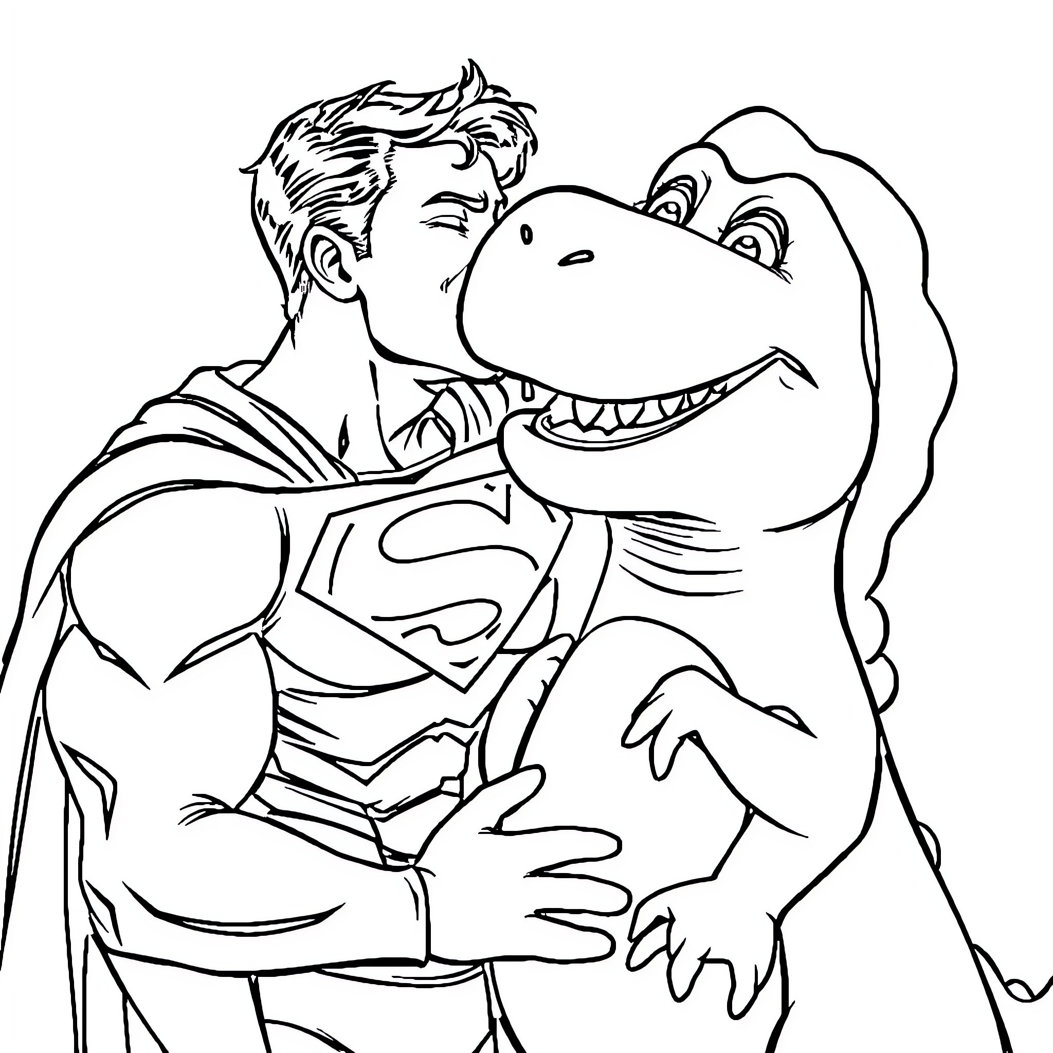 Superman embracing a friendly dinosaur Coloring Page (free black-and-white line drawing printable PDF for all, from beginners to advanced learners, including children, teens, adults, and seniors)