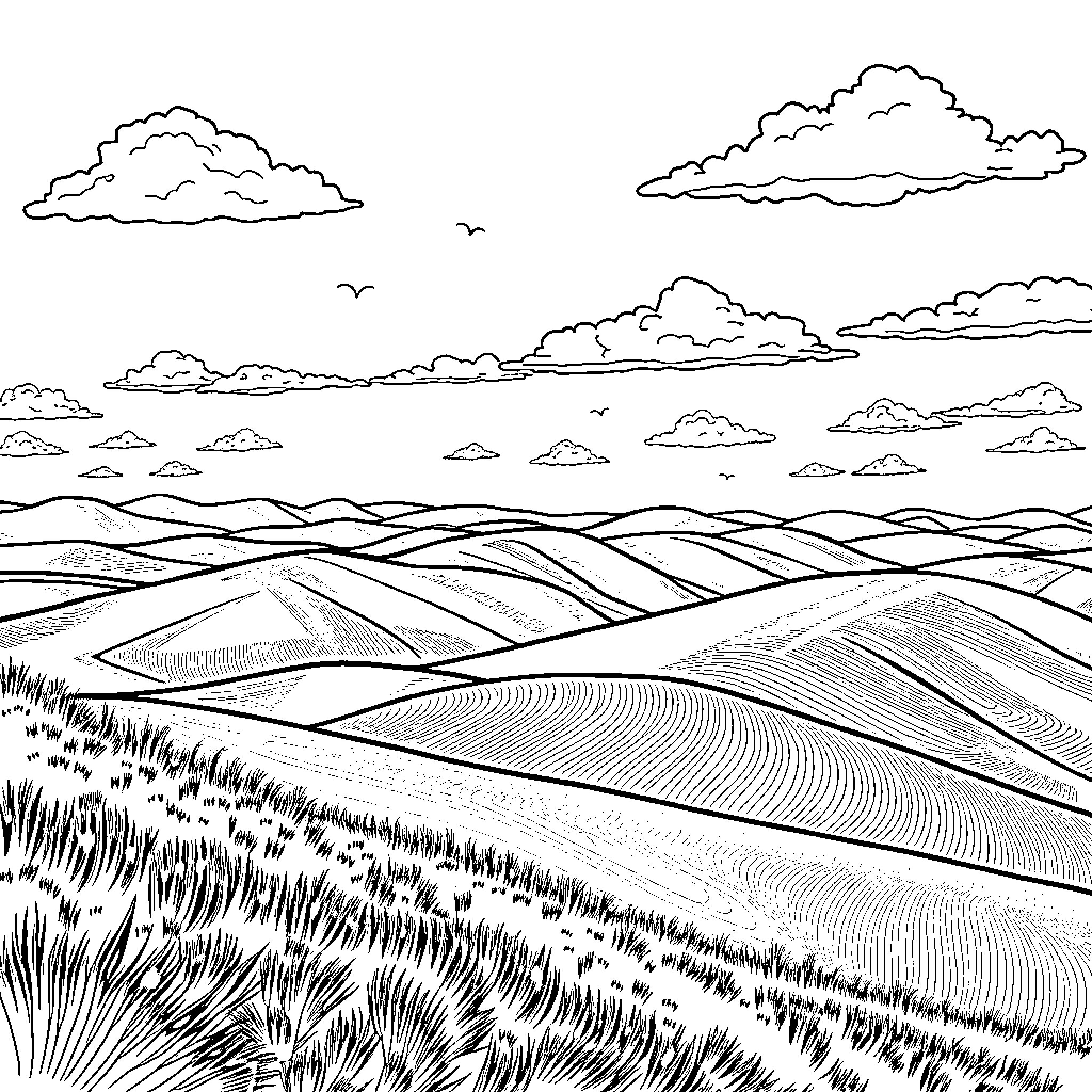 Scenery of Vast Countryside Landscape with Rolling Hills Coloring Page (free black-and-white line drawing printable PDF for all, from beginners to advanced learners, including children, teens, adults, and seniors)