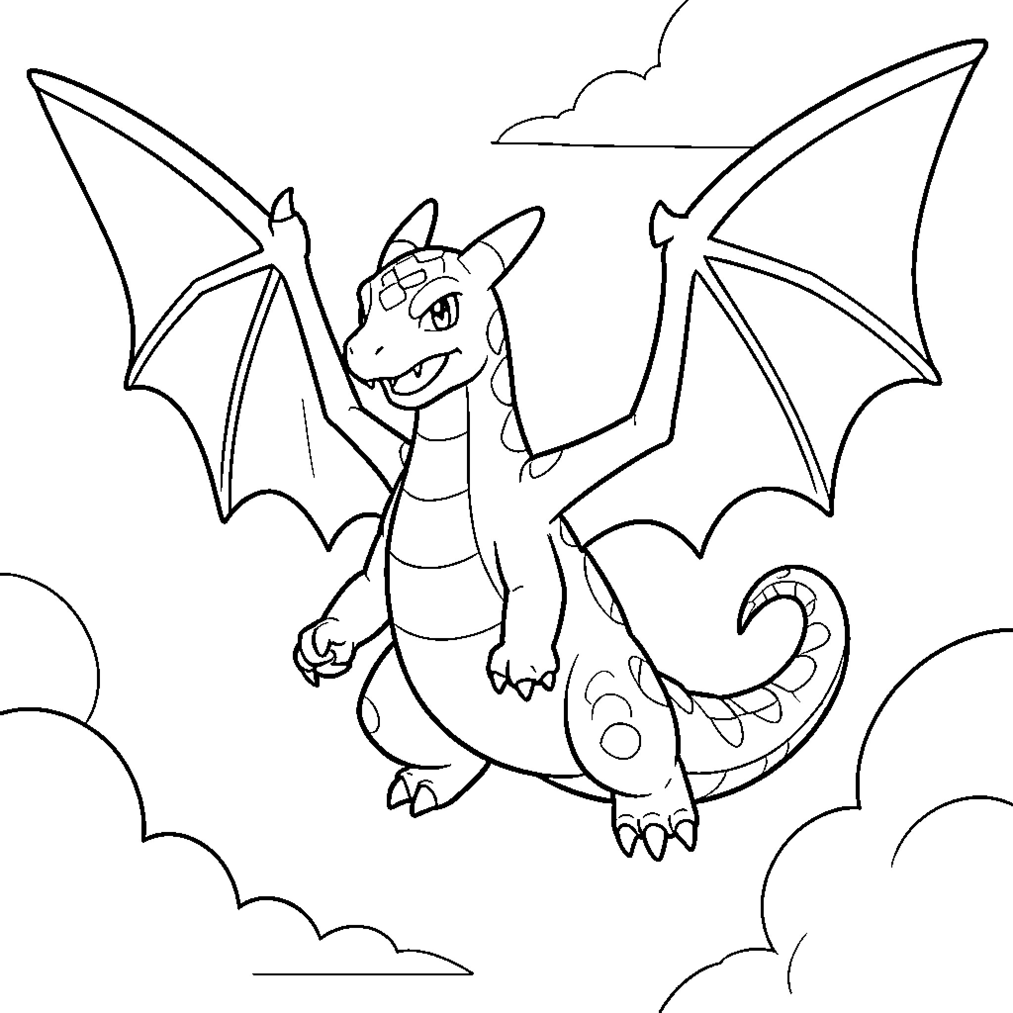 Charizard soaring through the sky Coloring Page (free black-and-white line drawing printable PDF for all, from beginners to advanced learners, including children, teens, adults, and seniors)