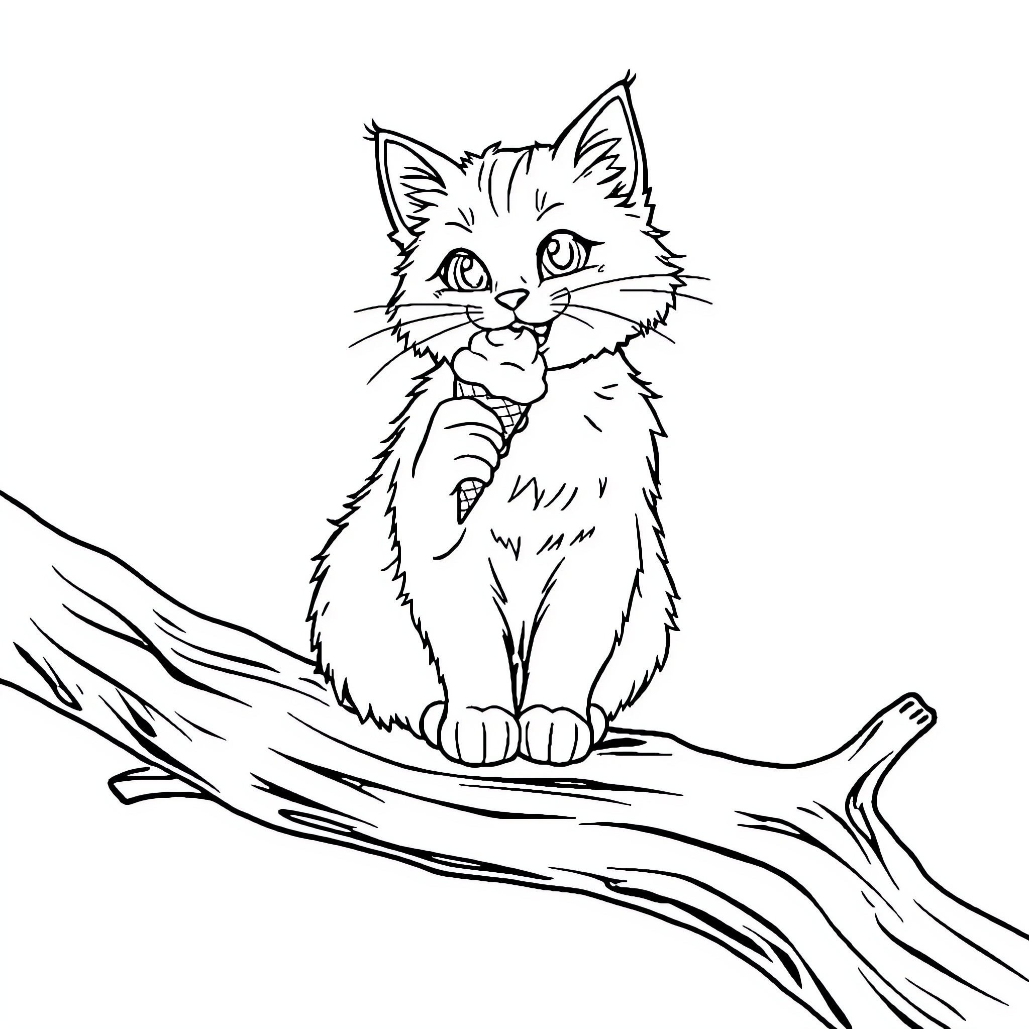 Cat sitting on tree branch Coloring Page (free black-and-white line drawing printable PDF for all, from beginners to advanced learners, including children, teens, adults, and seniors)