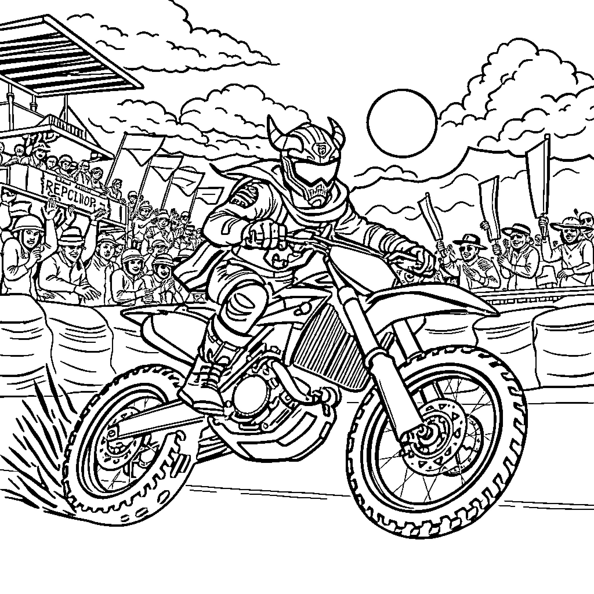 Rumi's Thrilling Motorcycle Race in the Cloud-Filled Sky Coloring Page (free black-and-white line drawing printable PDF for all, from beginners to advanced learners, including children, teens, adults, and seniors)