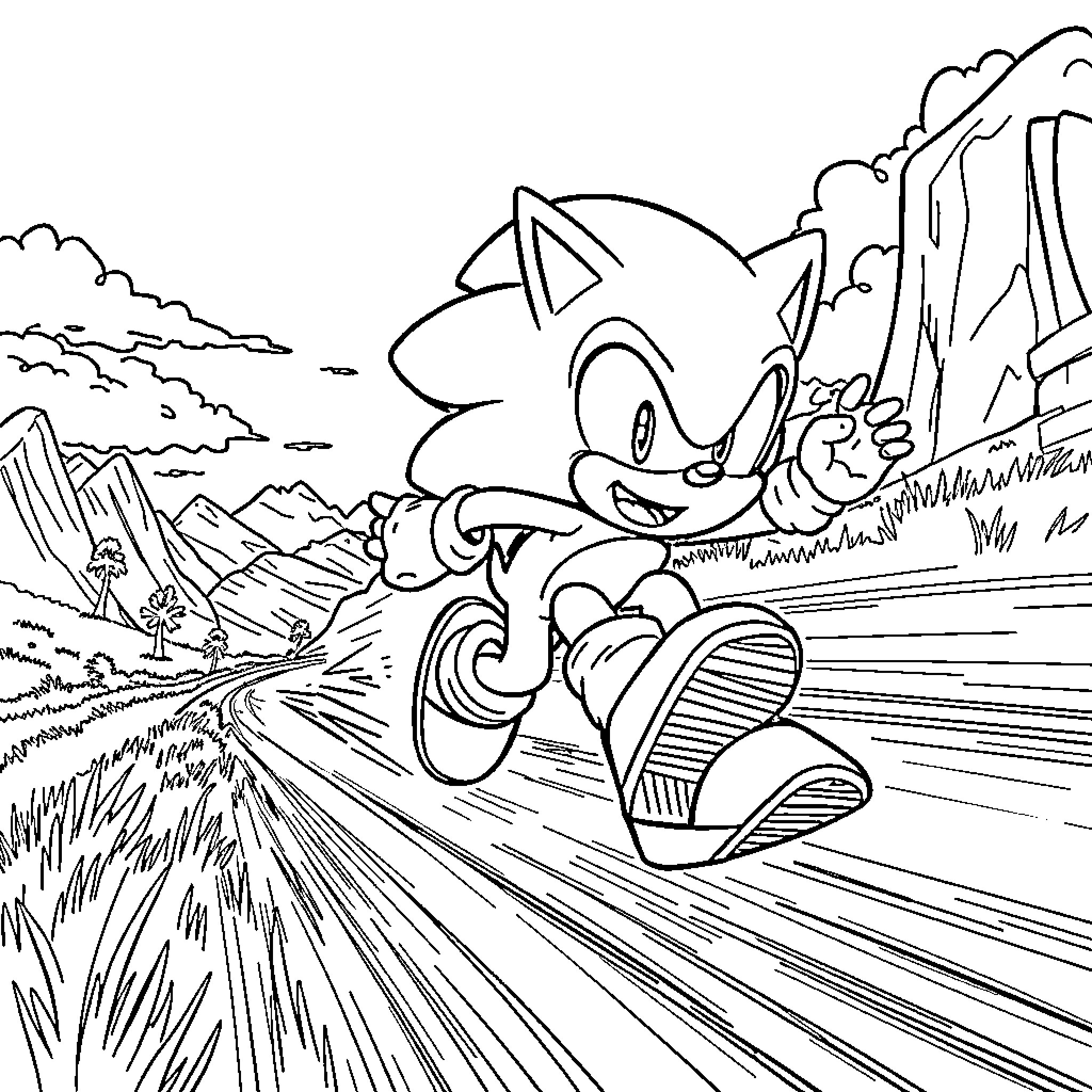 Sonic running fast along a scenic mountain path Coloring Page (free black-and-white line drawing printable PDF for all, from beginners to advanced learners, including children, teens, adults, and seniors)