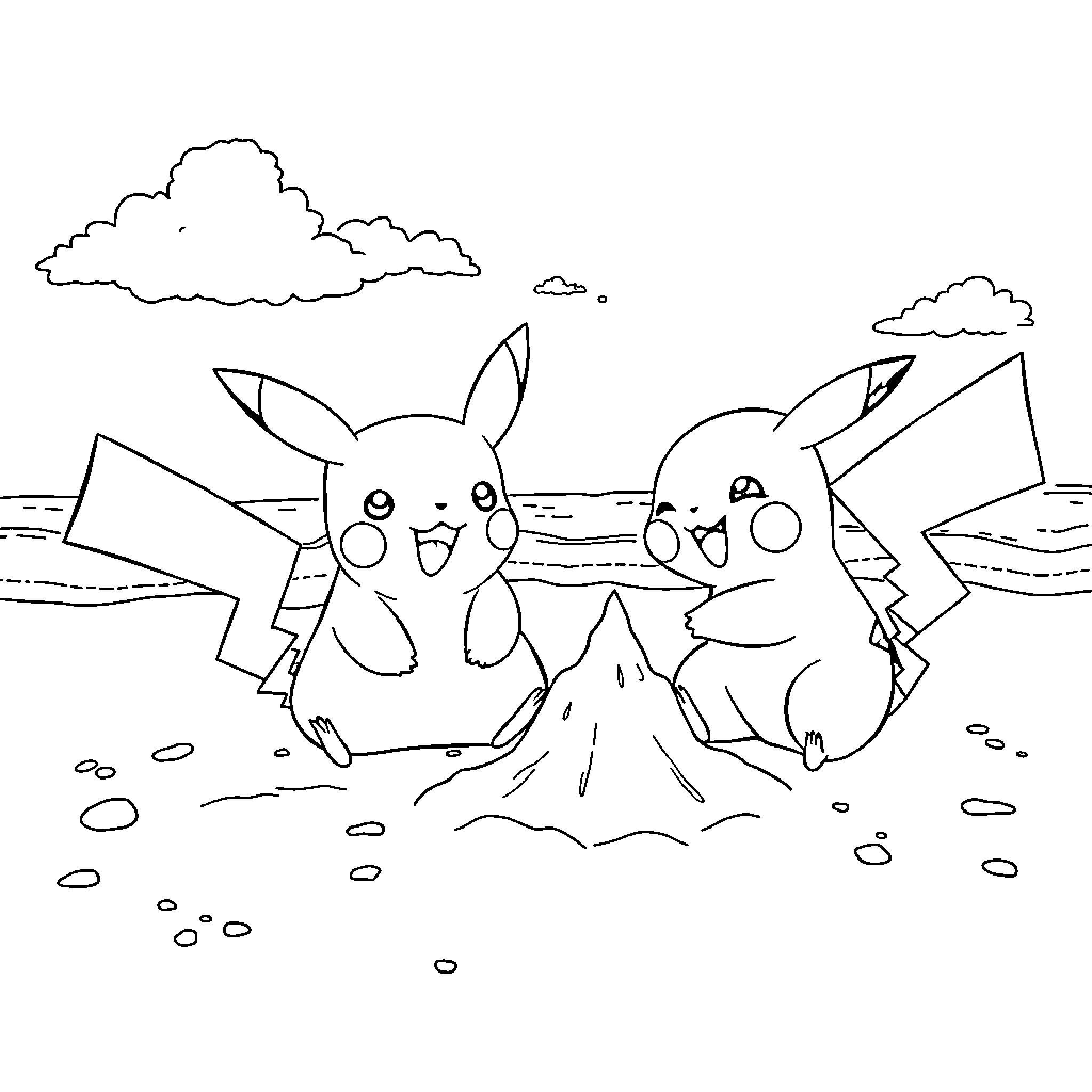 Pikachu enjoying a day at the beach Coloring Page (free black-and-white line drawing printable PDF for all, from beginners to advanced learners, including children, teens, adults, and seniors)