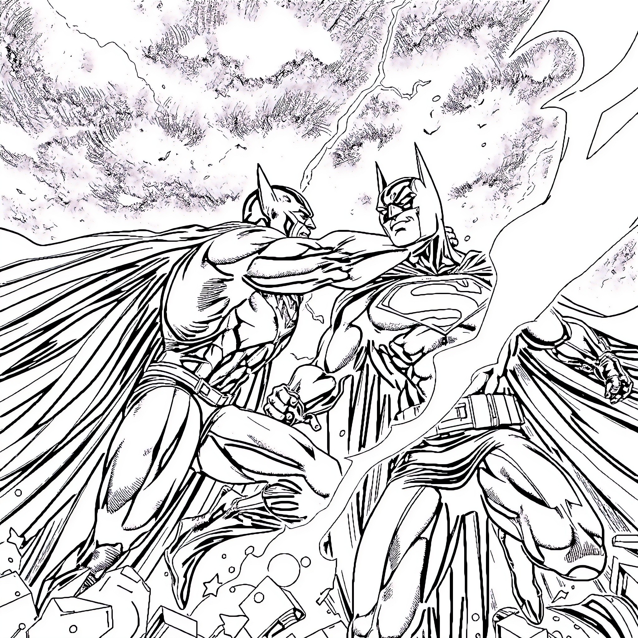 Superman and Batman in epic battle with dramatic expressions Coloring Page (free black-and-white line drawing printable PDF for all, from beginners to advanced learners, including children, teens, adults, and seniors)