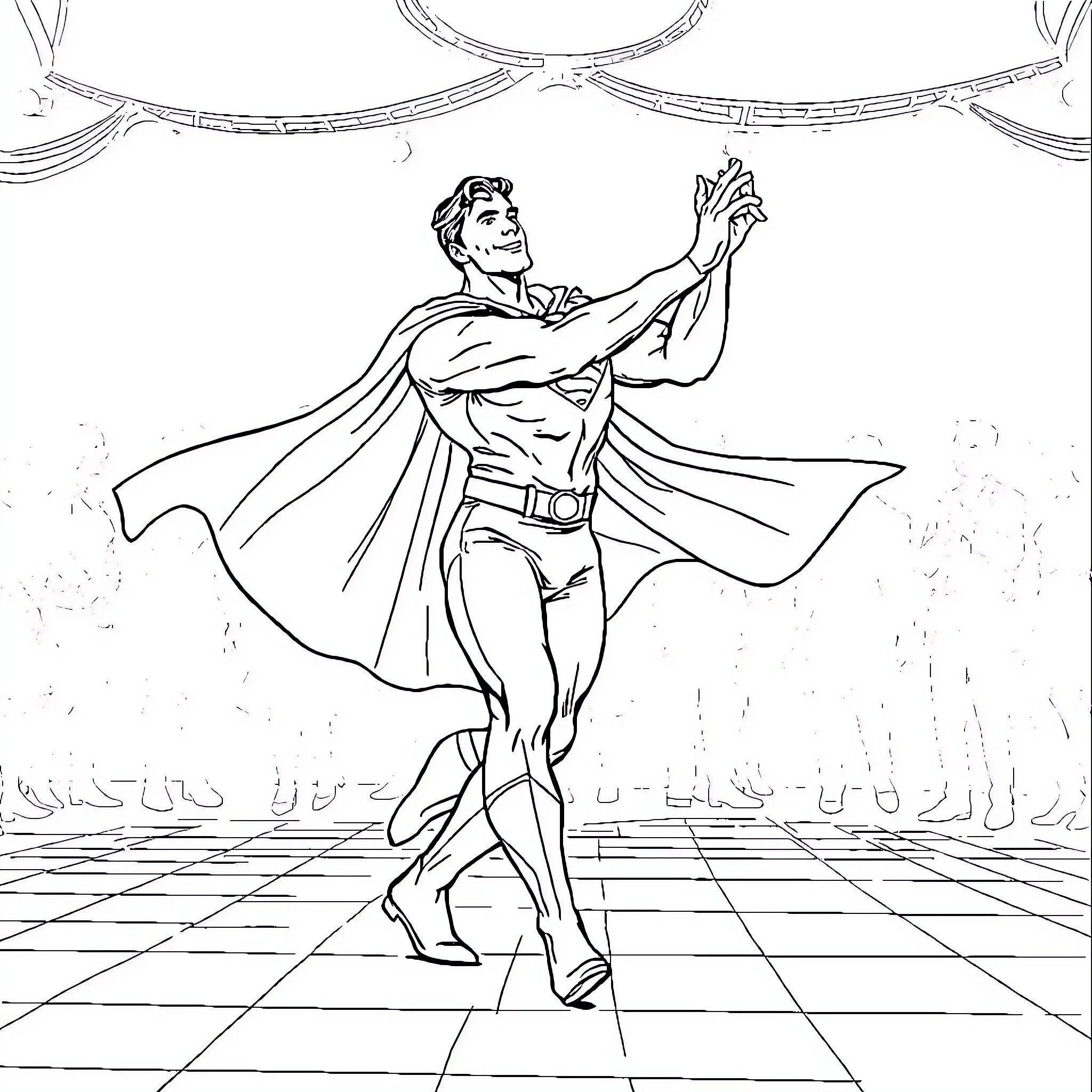 Superman soaring heroically through the skies Coloring Page (free black-and-white line drawing printable PDF for all, from beginners to advanced learners, including children, teens, adults, and seniors)