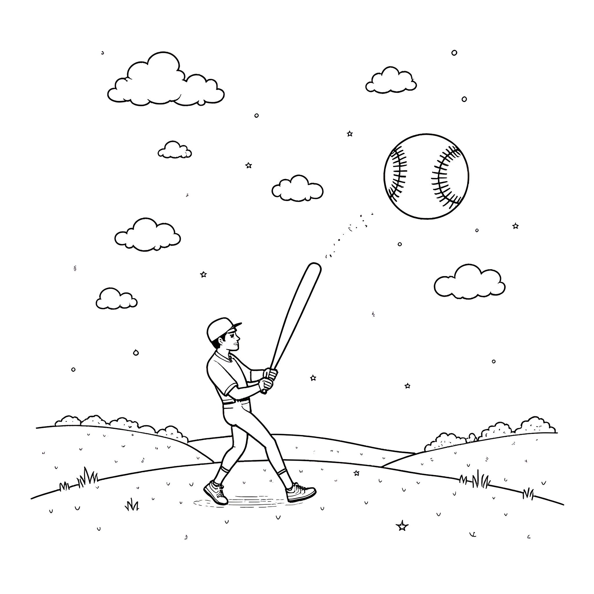 Red Sox player batting on the field Coloring Page (free black-and-white line drawing printable PDF for all, from beginners to advanced learners, including children, teens, adults, and seniors)
