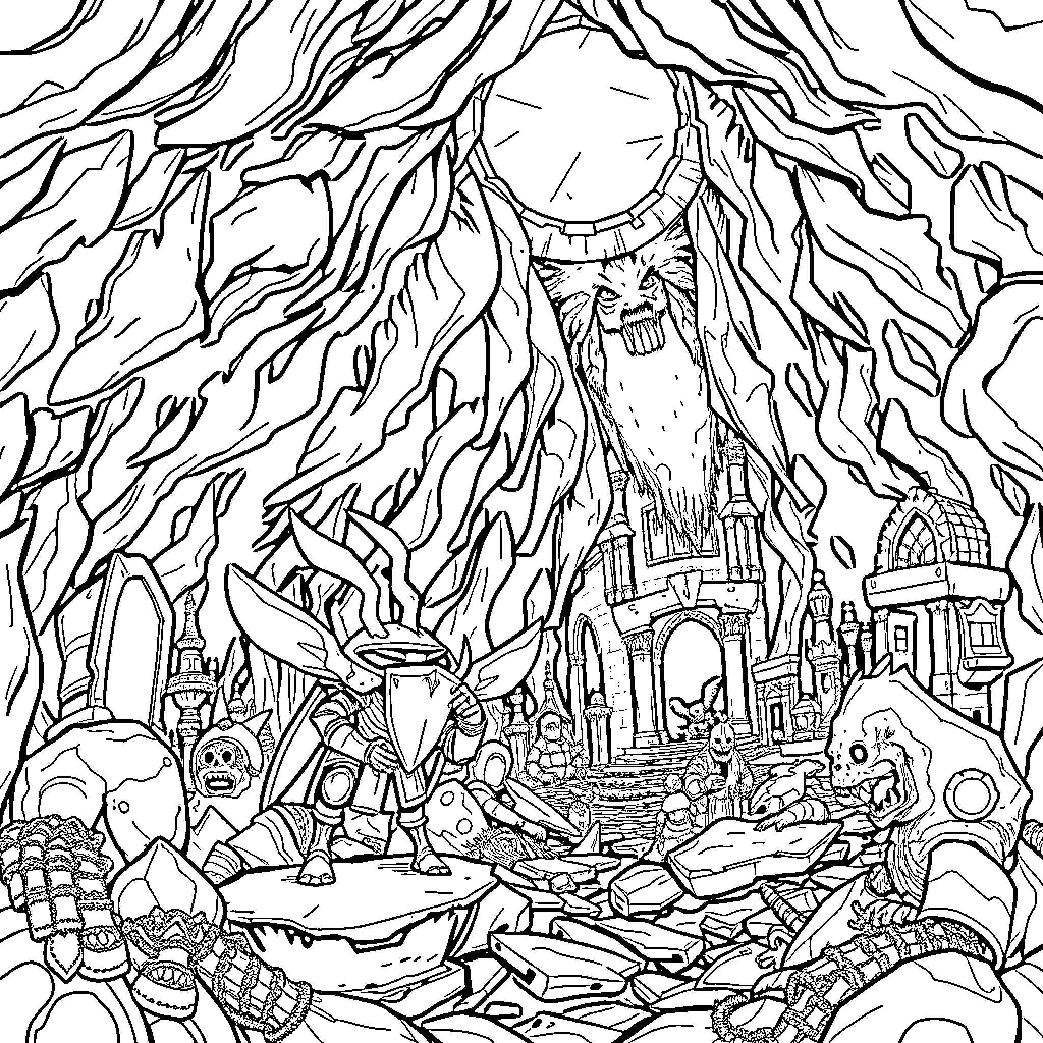 Hollow Knight - Adventuring through a Mysterious Underworld Coloring Page (free black-and-white line drawing printable PDF for all, from beginners to advanced learners, including children, teens, adults, and seniors)
