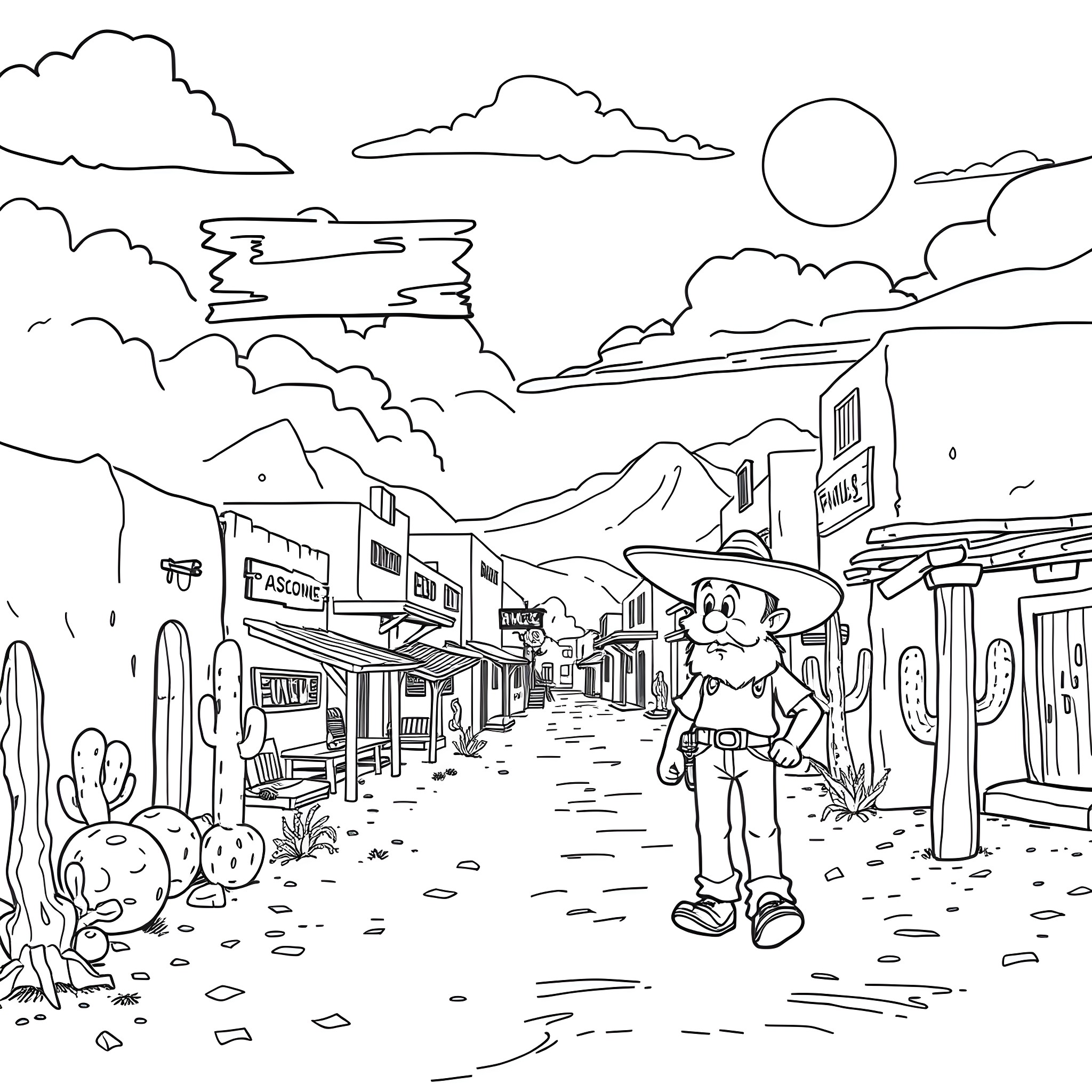 Panchito Pistoles exploring the Wild West town Coloring Page (free black-and-white line drawing printable PDF for all, from beginners to advanced learners, including children, teens, adults, and seniors)