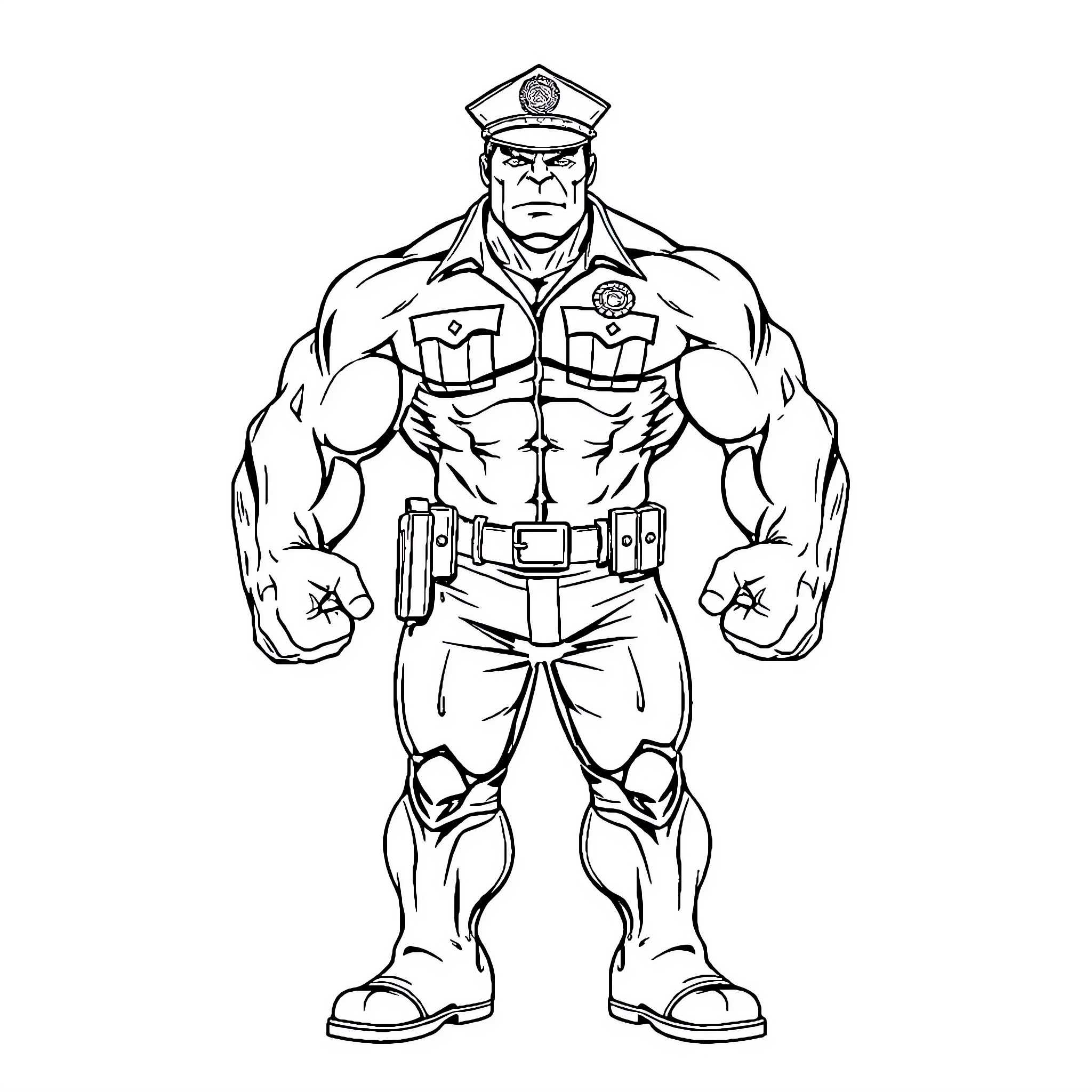 Hulk in Uniform Flexing Muscles as Law Enforcement Officer Coloring Page (free black-and-white line drawing printable PDF for all, from beginners to advanced learners, including children, teens, adults, and seniors)