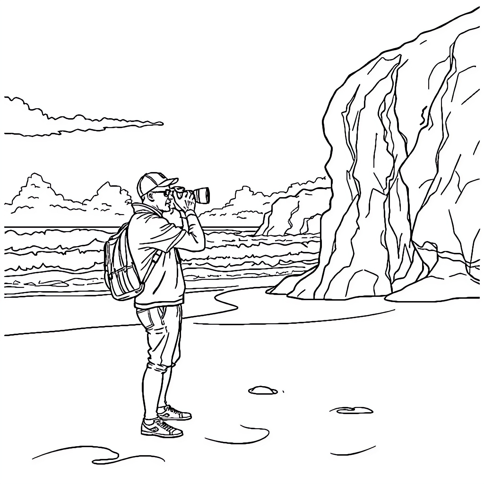 Jerry Scotti exploring the great outdoors with camera Coloring Page (free black-and-white line drawing printable PDF for all, from beginners to advanced learners, including children, teens, adults, and seniors)