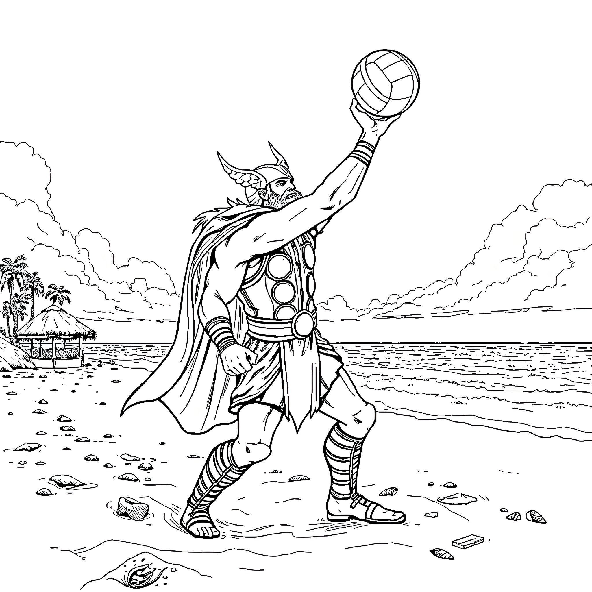 Thor Wielding Volleyball on Beach Coloring Page (free black-and-white line drawing printable PDF for all, from beginners to advanced learners, including children, teens, adults, and seniors)