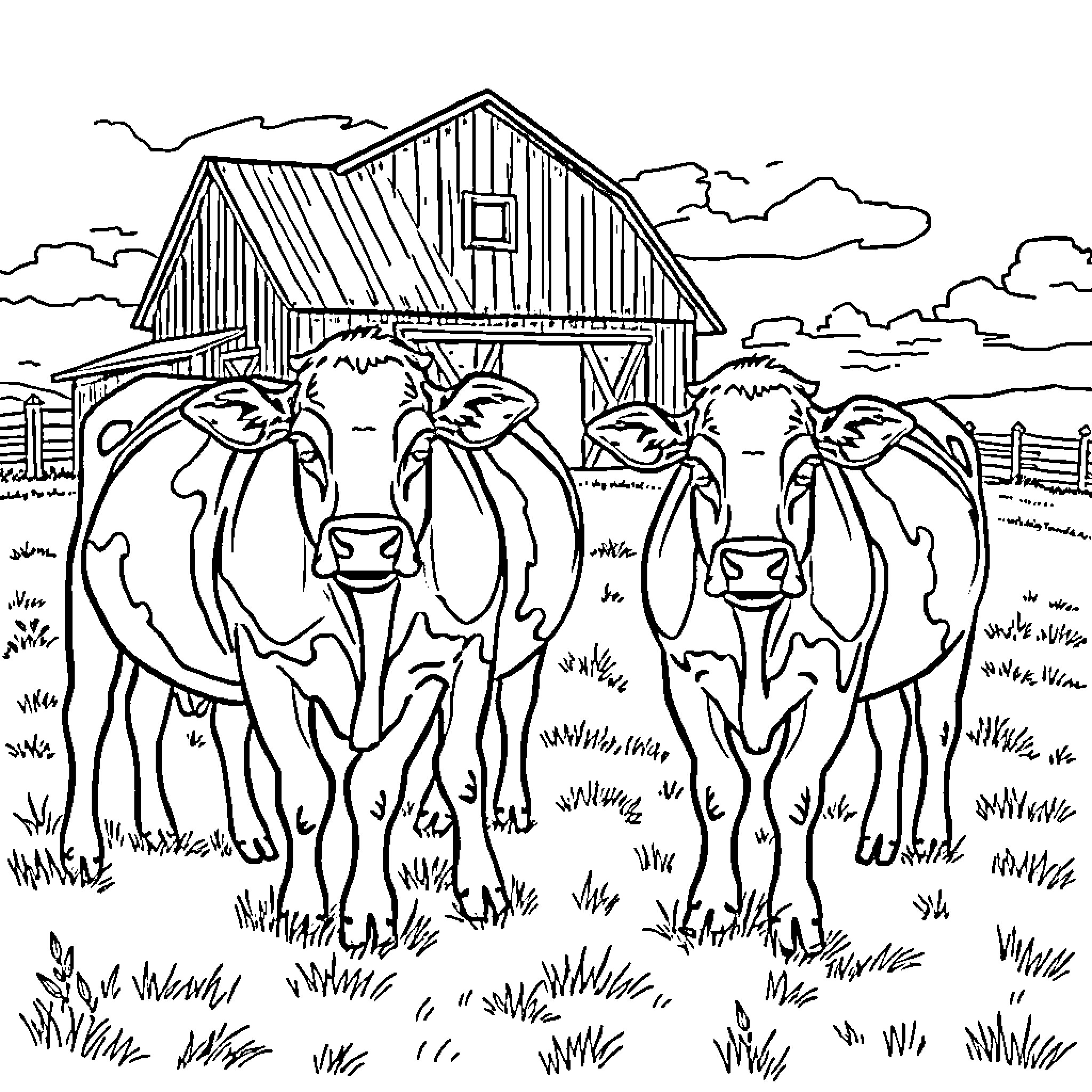 Cows Grazing in a Rustic Farm Setting Coloring Page (free black-and-white line drawing printable PDF for all, from beginners to advanced learners, including children, teens, adults, and seniors)